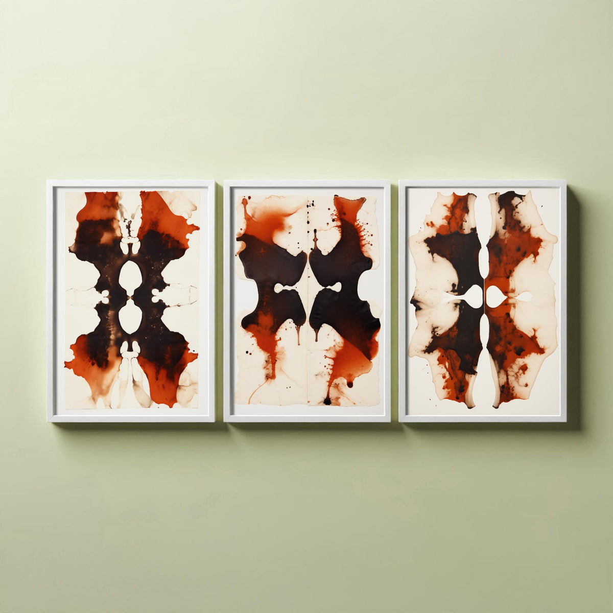 Rorschach Inkblots Maroon Set of Three Art Prints - Rust and Black Symmetrical Ink - Abstract Psychology Poster Illustration
