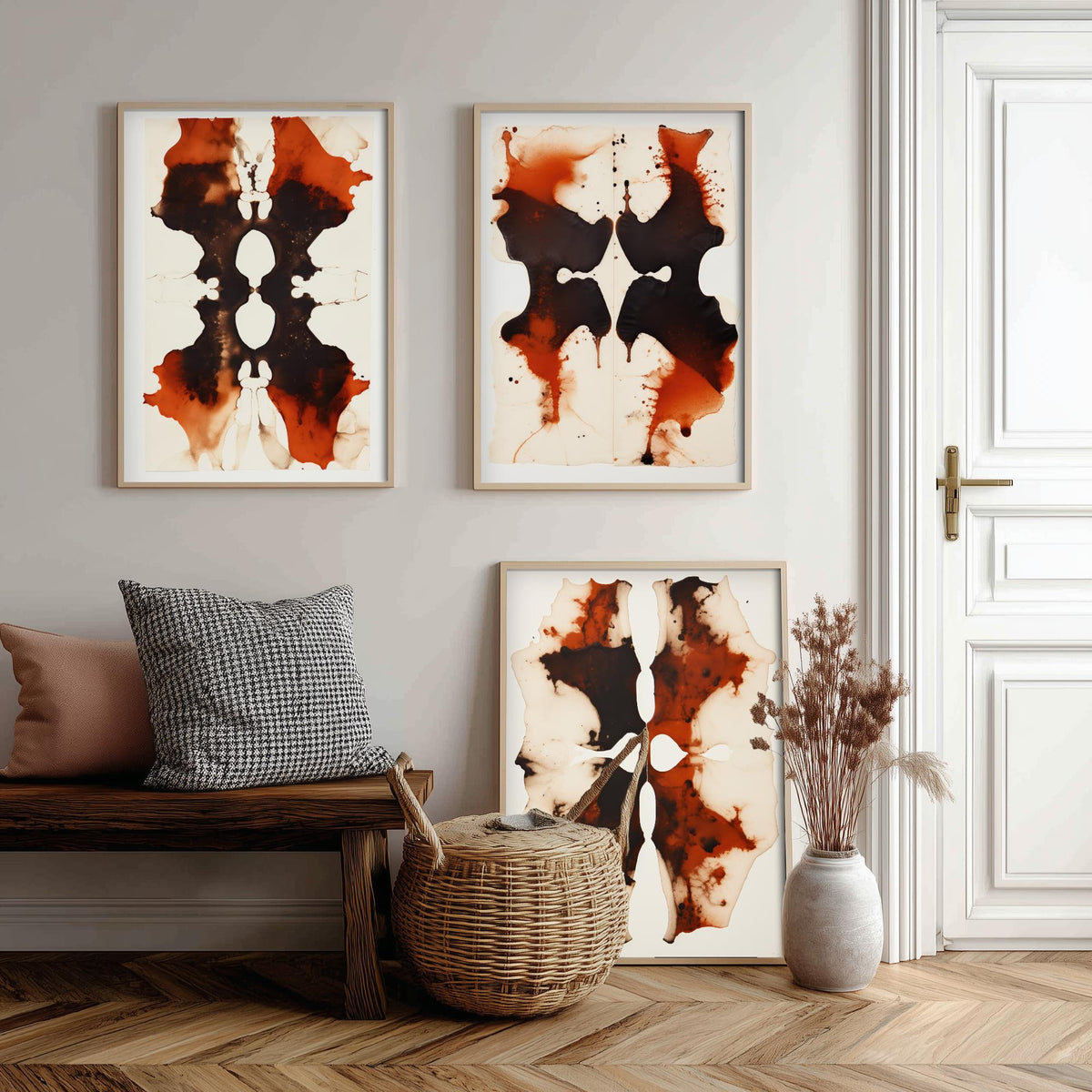 Rorschach Inkblots Maroon Set of Three Art Prints - Rust and Black Symmetrical Ink - Abstract Psychology Poster Illustration