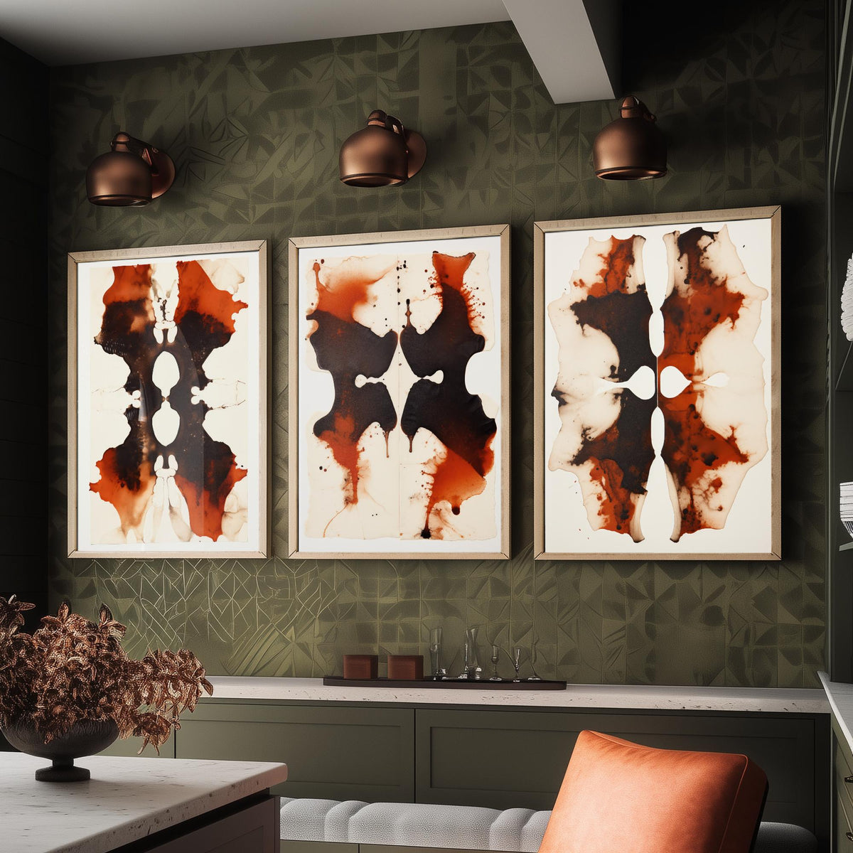 Rorschach Inkblots Maroon Set of Three Art Prints - Rust and Black Symmetrical Ink - Abstract Psychology Poster Illustration