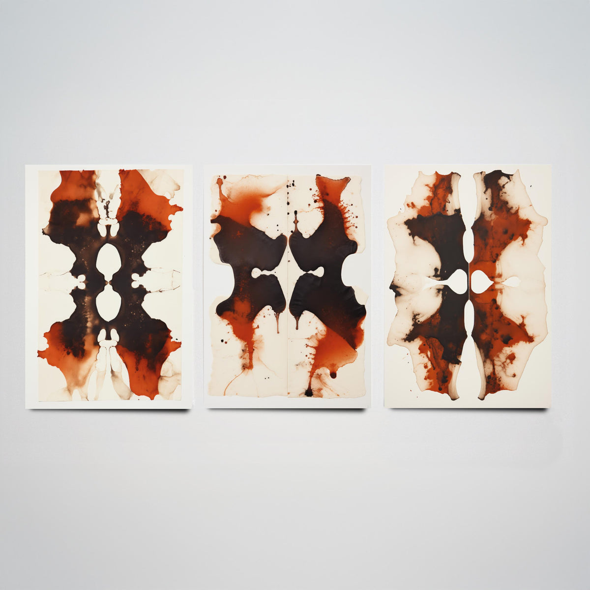Rorschach Inkblots Maroon Set of Three Art Prints - Rust and Black Symmetrical Ink - Abstract Psychology Poster Illustration