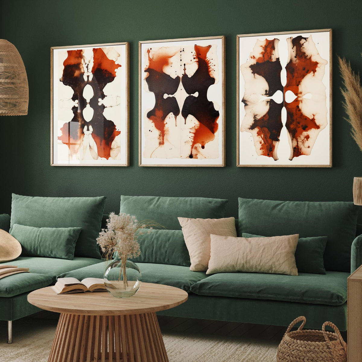 Rorschach Inkblots Maroon Set of Three Art Prints - Rust and Black Symmetrical Ink - Abstract Psychology Poster Illustration