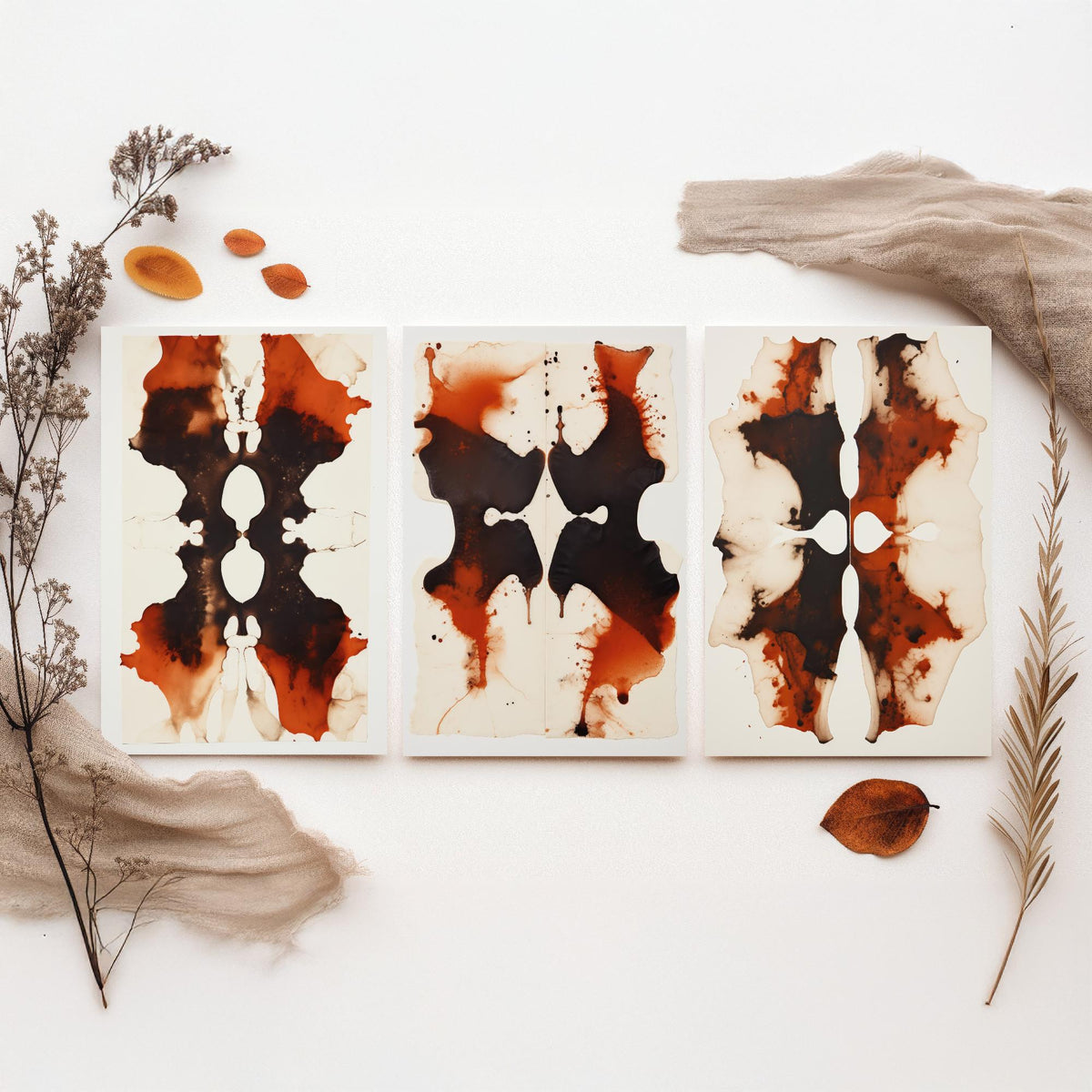 Rorschach Inkblots Maroon Set of Three Art Prints - Rust and Black Symmetrical Ink - Abstract Psychology Poster Illustration