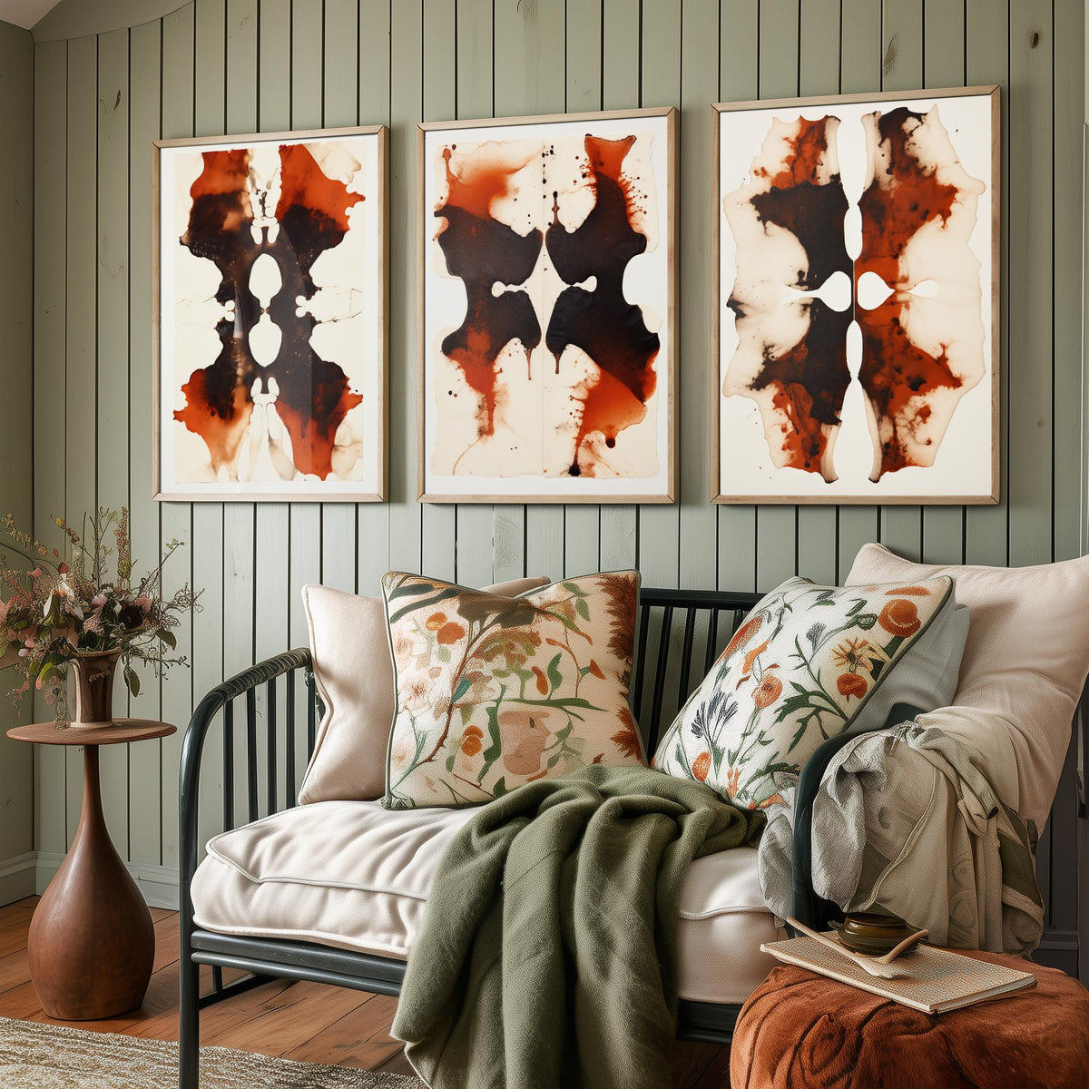 Rorschach Inkblots Maroon Set of Three Art Prints - Rust and Black Symmetrical Ink - Abstract Psychology Poster Illustration