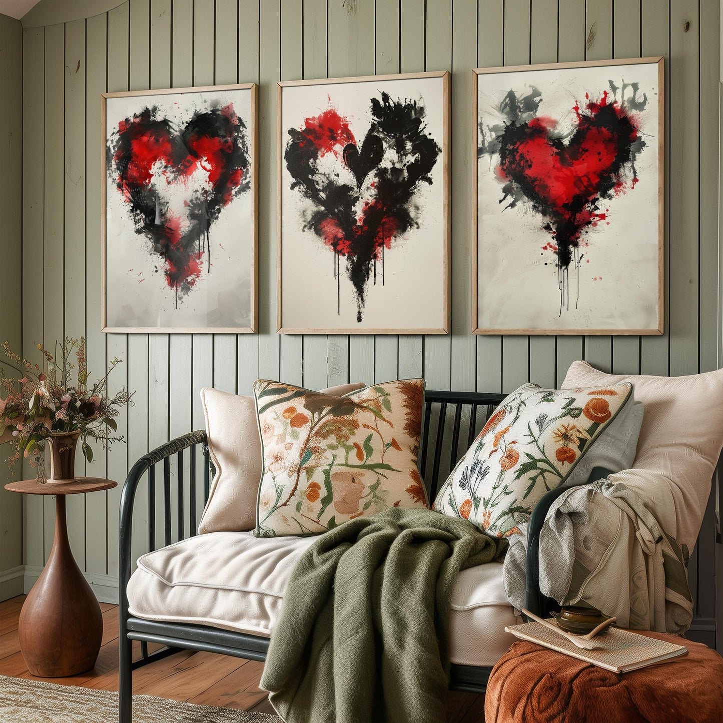 Rorschach Love Heart Set of Three Art Prints - 3 Red Black Splatter Ink Posters - Illustration Romantic Anniversary Gift Decor