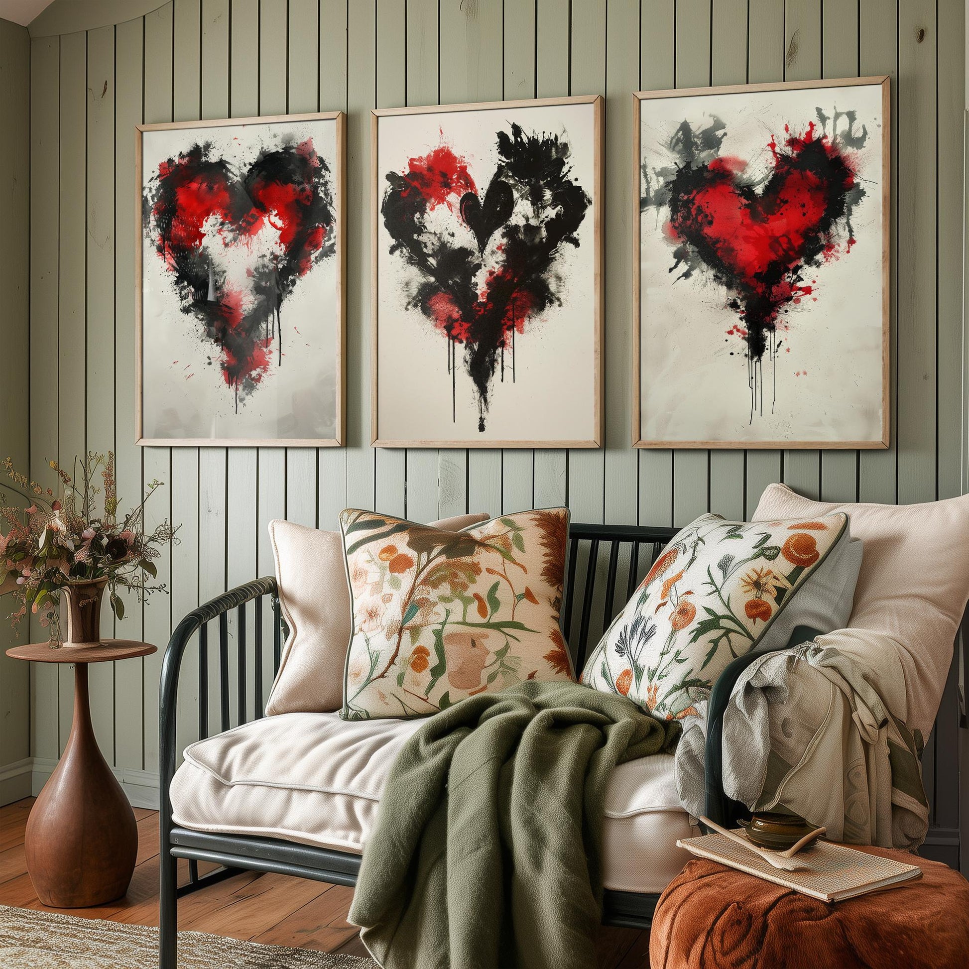 Rorschach Love Heart Set of Three Art Prints - 3 Red Black Splatter Ink Posters - Illustration Romantic Anniversary Gift Decor