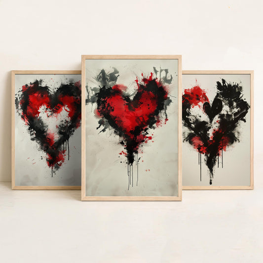 Rorschach Love Heart Set of Three Art Prints - 3 Red Black Splatter Ink Posters - Illustration Romantic Anniversary Gift Decor
