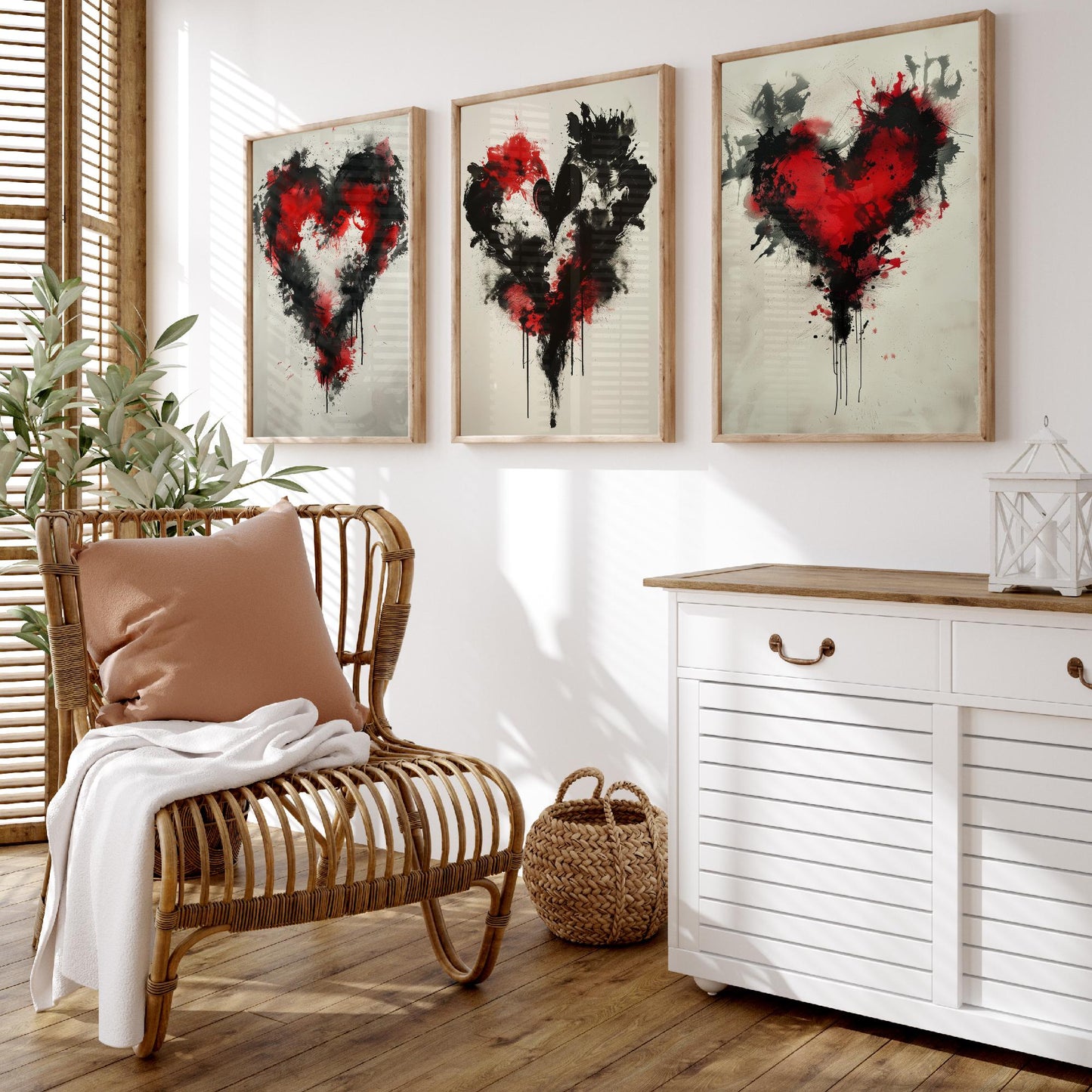 Rorschach Love Heart Set of Three Art Prints - 3 Red Black Splatter Ink Posters - Illustration Romantic Anniversary Gift Decor