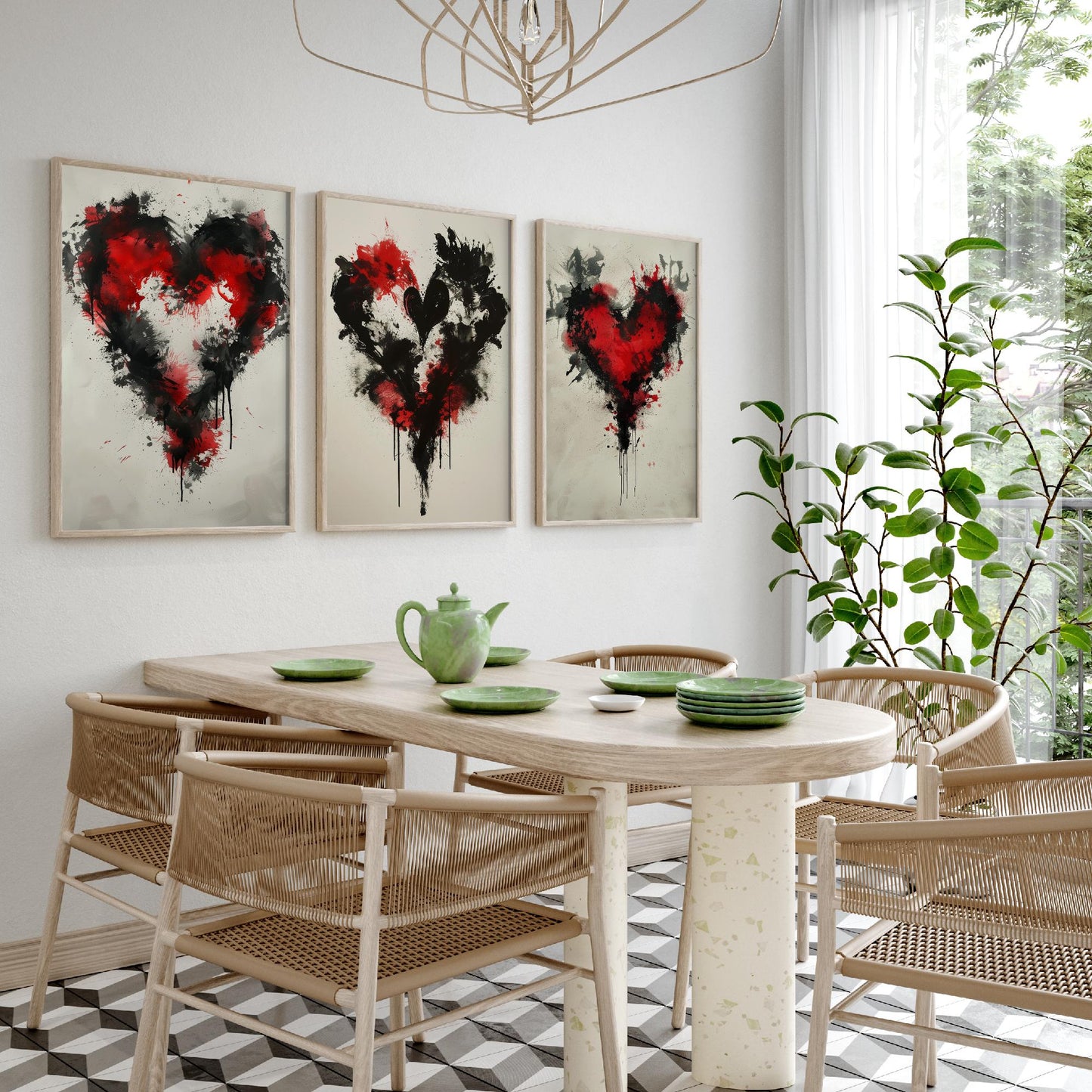 Rorschach Love Heart Set of Three Art Prints - 3 Red Black Splatter Ink Posters - Illustration Romantic Anniversary Gift Decor