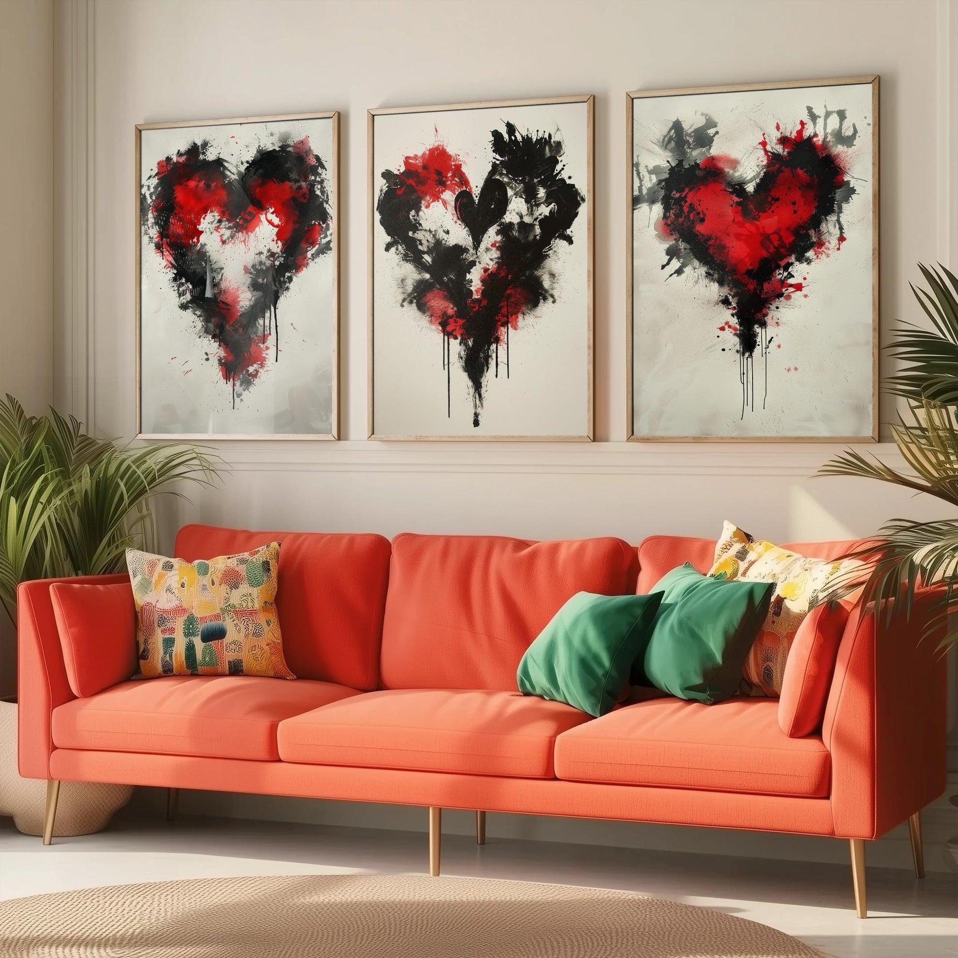 Rorschach Love Heart Set of Three Art Prints - 3 Red Black Splatter Ink Posters - Illustration Romantic Anniversary Gift Decor