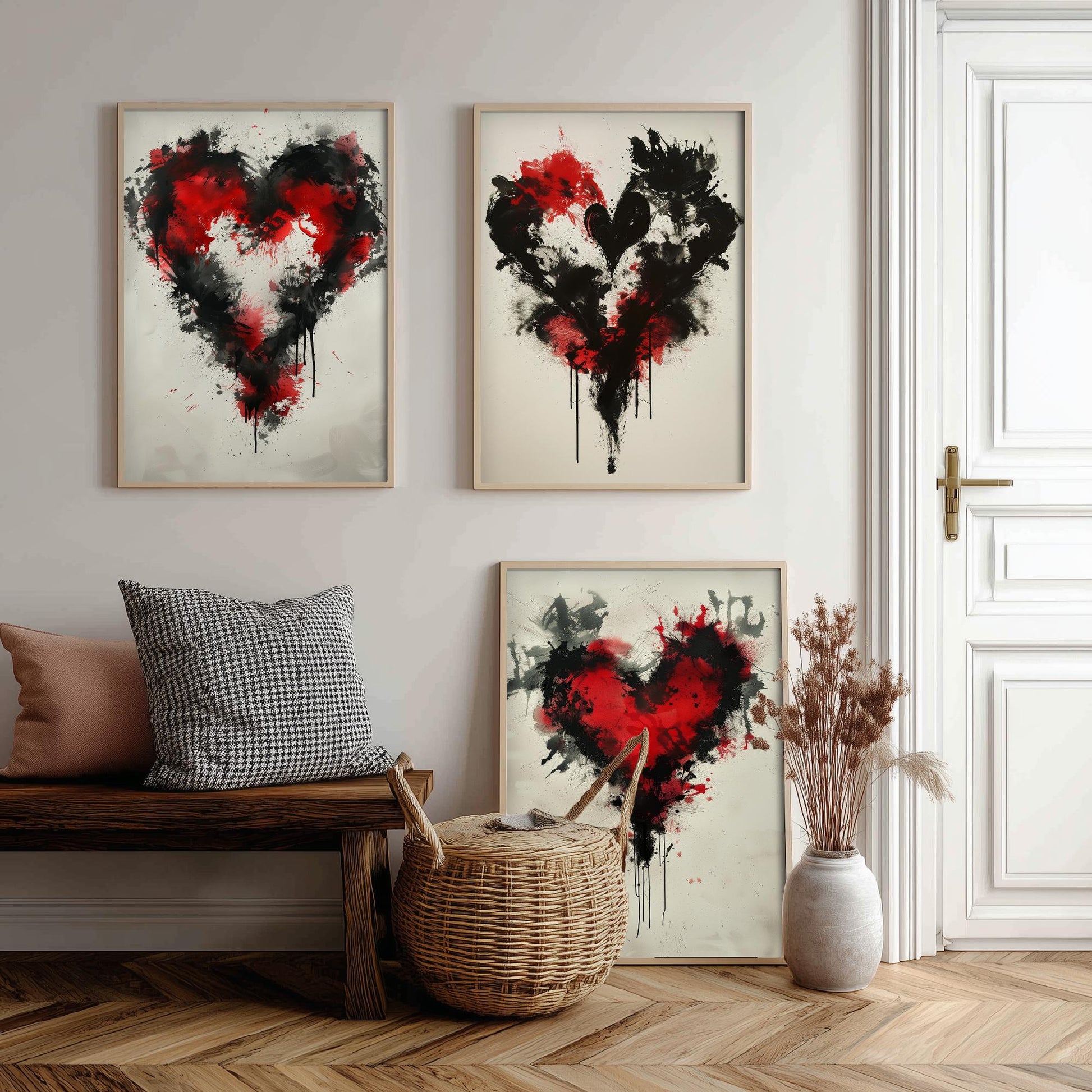 Rorschach Love Heart Set of Three Art Prints - 3 Red Black Splatter Ink Posters - Illustration Romantic Anniversary Gift Decor