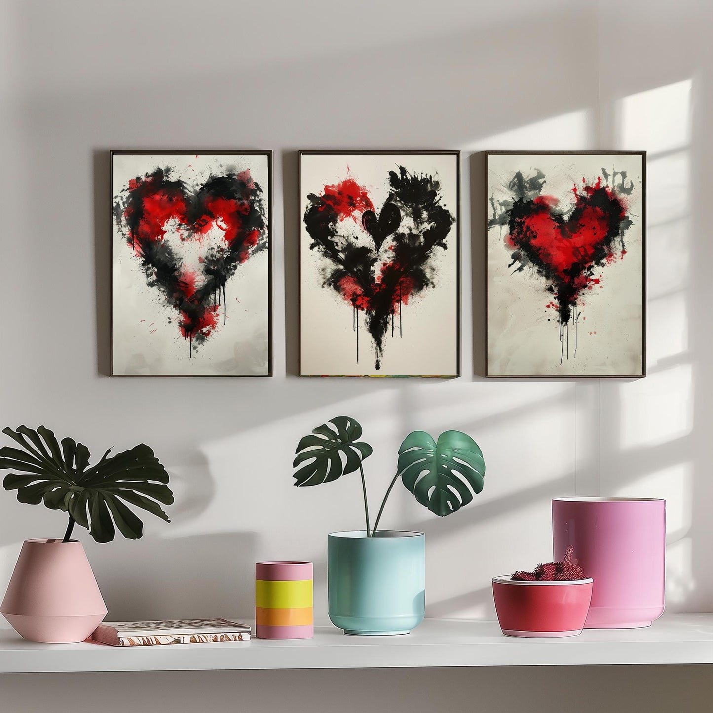 Rorschach Love Heart Set of Three Art Prints - 3 Red Black Splatter Ink Posters - Illustration Romantic Anniversary Gift Decor