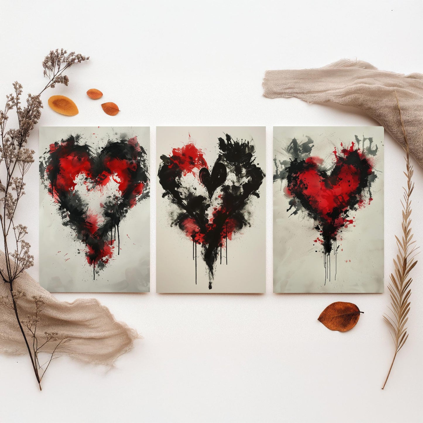 Rorschach Love Heart Set of Three Art Prints - 3 Red Black Splatter Ink Posters - Illustration Romantic Anniversary Gift Decor