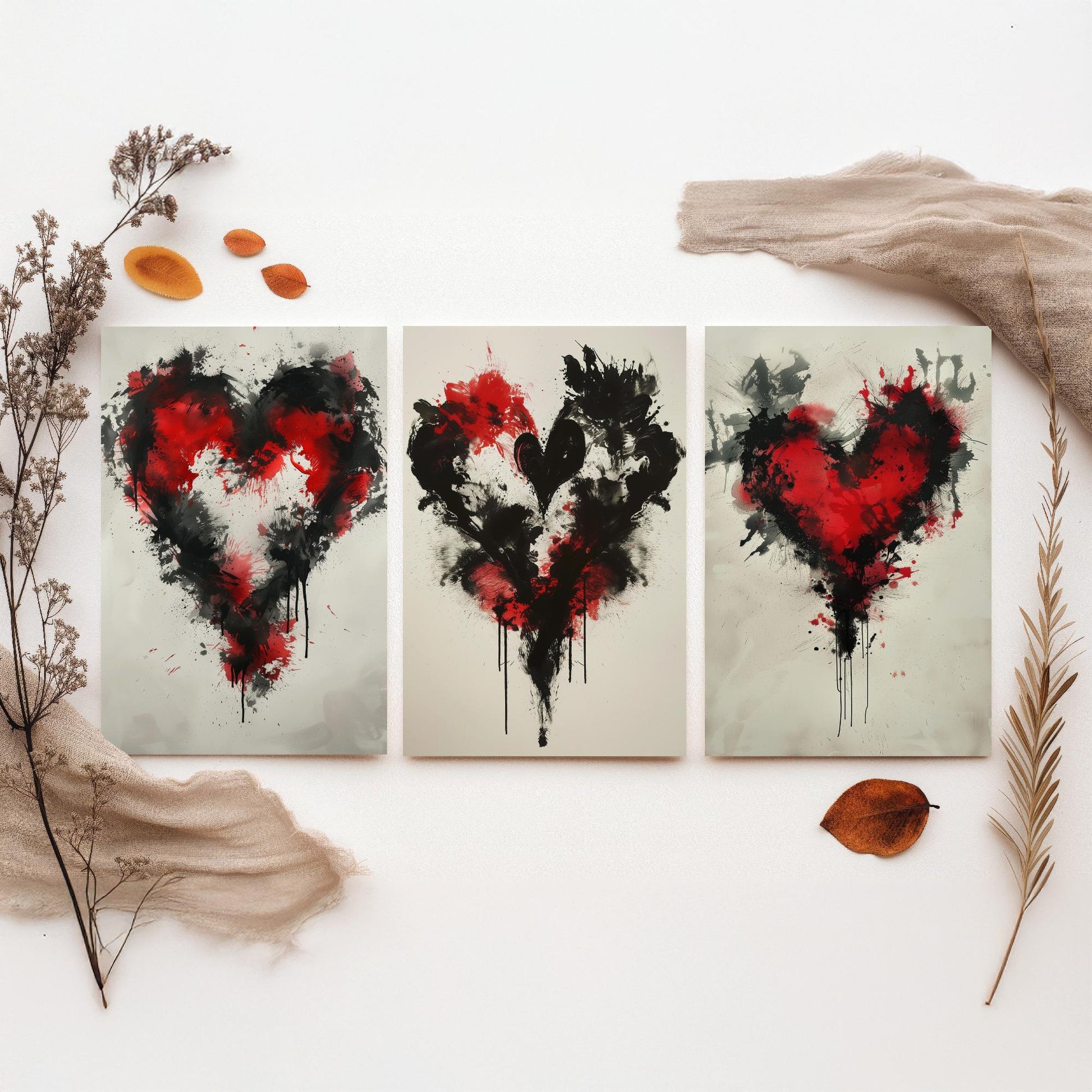 Rorschach Love Heart Set of Three Art Prints - 3 Red Black Splatter Ink Posters - Illustration Romantic Anniversary Gift Decor