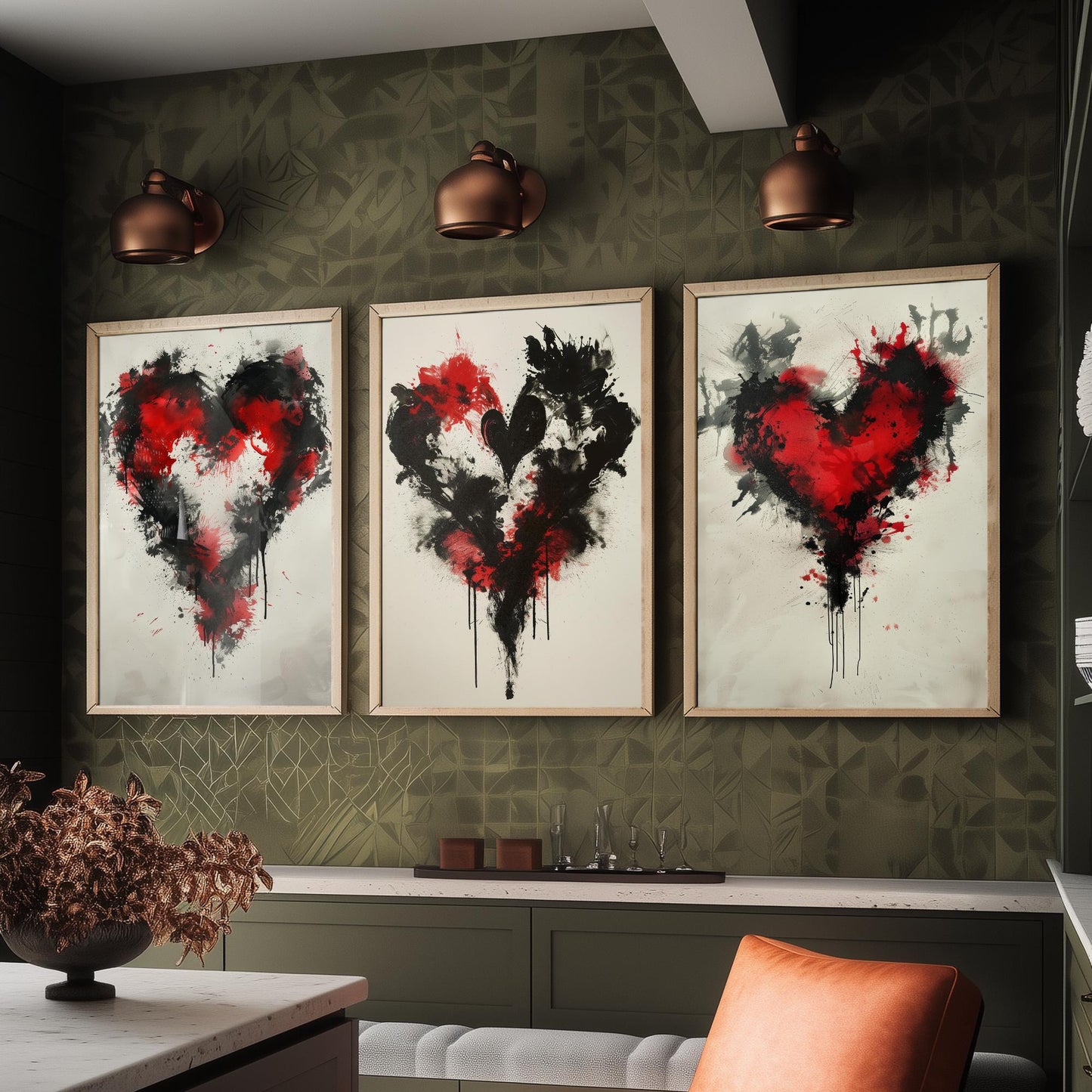 Rorschach Love Heart Set of Three Art Prints - 3 Red Black Splatter Ink Posters - Illustration Romantic Anniversary Gift Decor