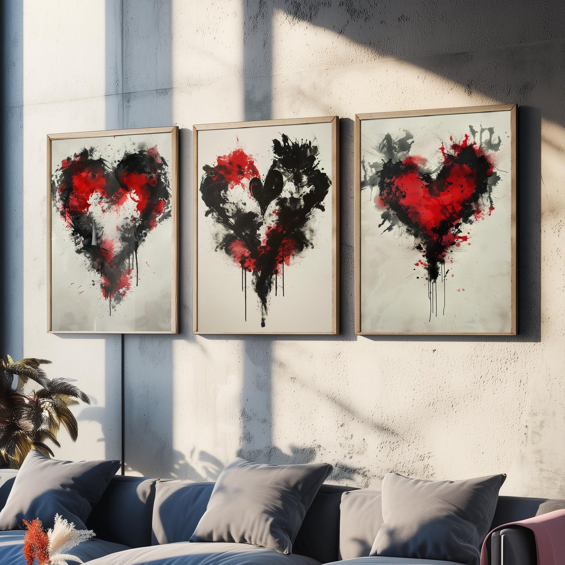 Rorschach Love Heart Set of Three Art Prints - 3 Red Black Splatter Ink Posters - Illustration Romantic Anniversary Gift Decor