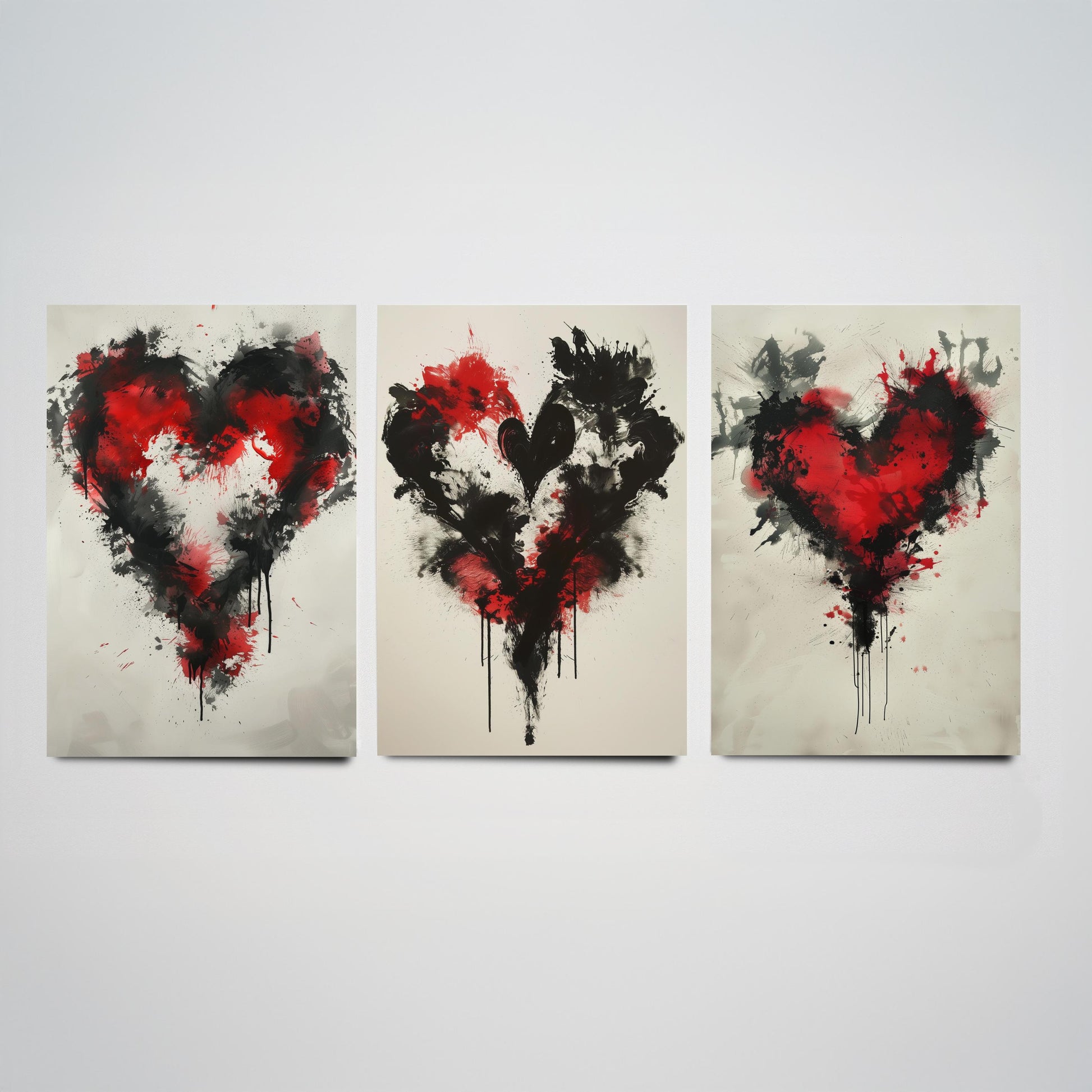 Rorschach Love Heart Set of Three Art Prints - 3 Red Black Splatter Ink Posters - Illustration Romantic Anniversary Gift Decor