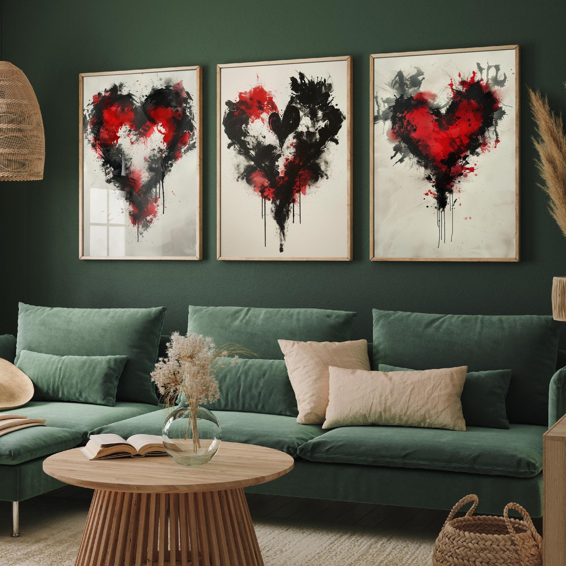 Rorschach Love Heart Set of Three Art Prints - 3 Red Black Splatter Ink Posters - Illustration Romantic Anniversary Gift Decor