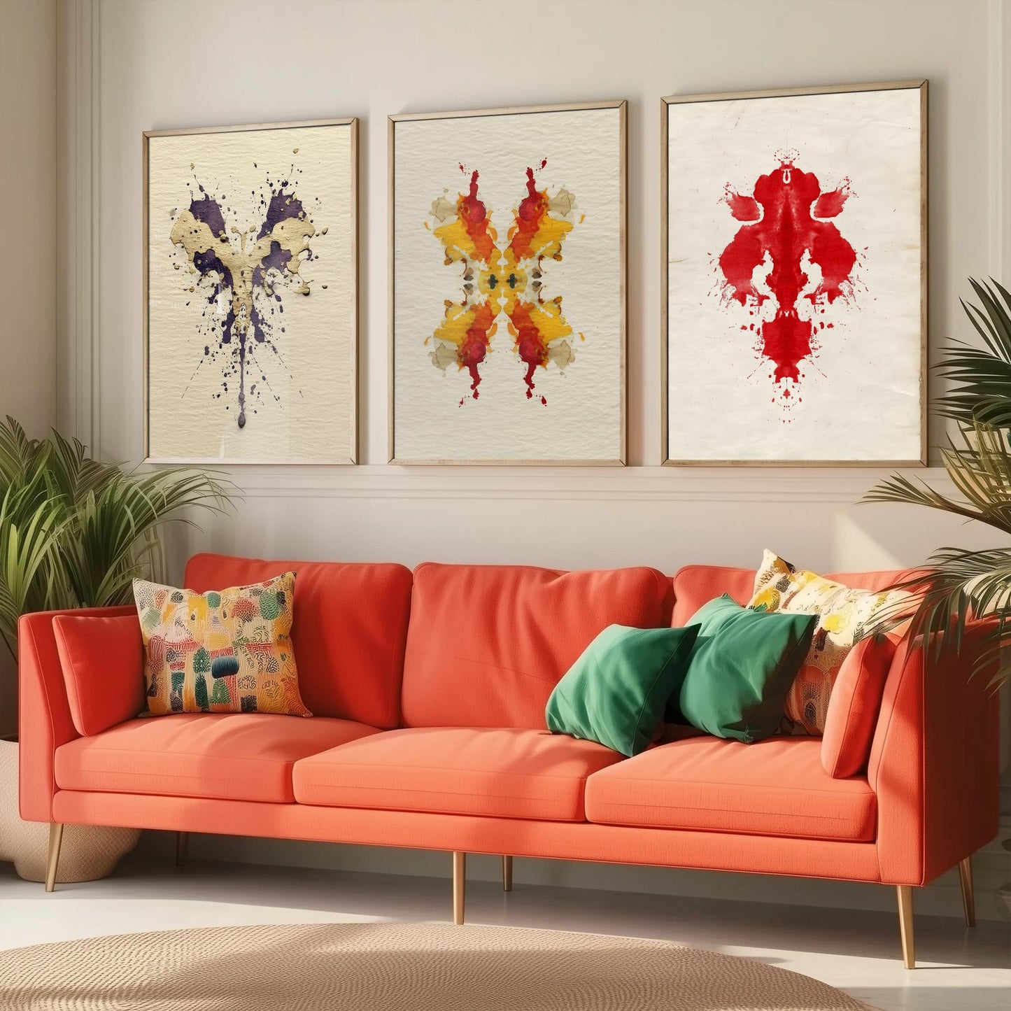 Rorschach Yellow Burst Set of Three Art Prints - 3 Bold Inkblot Posters - Illustration Psychology Student Maximalist Wall Decor