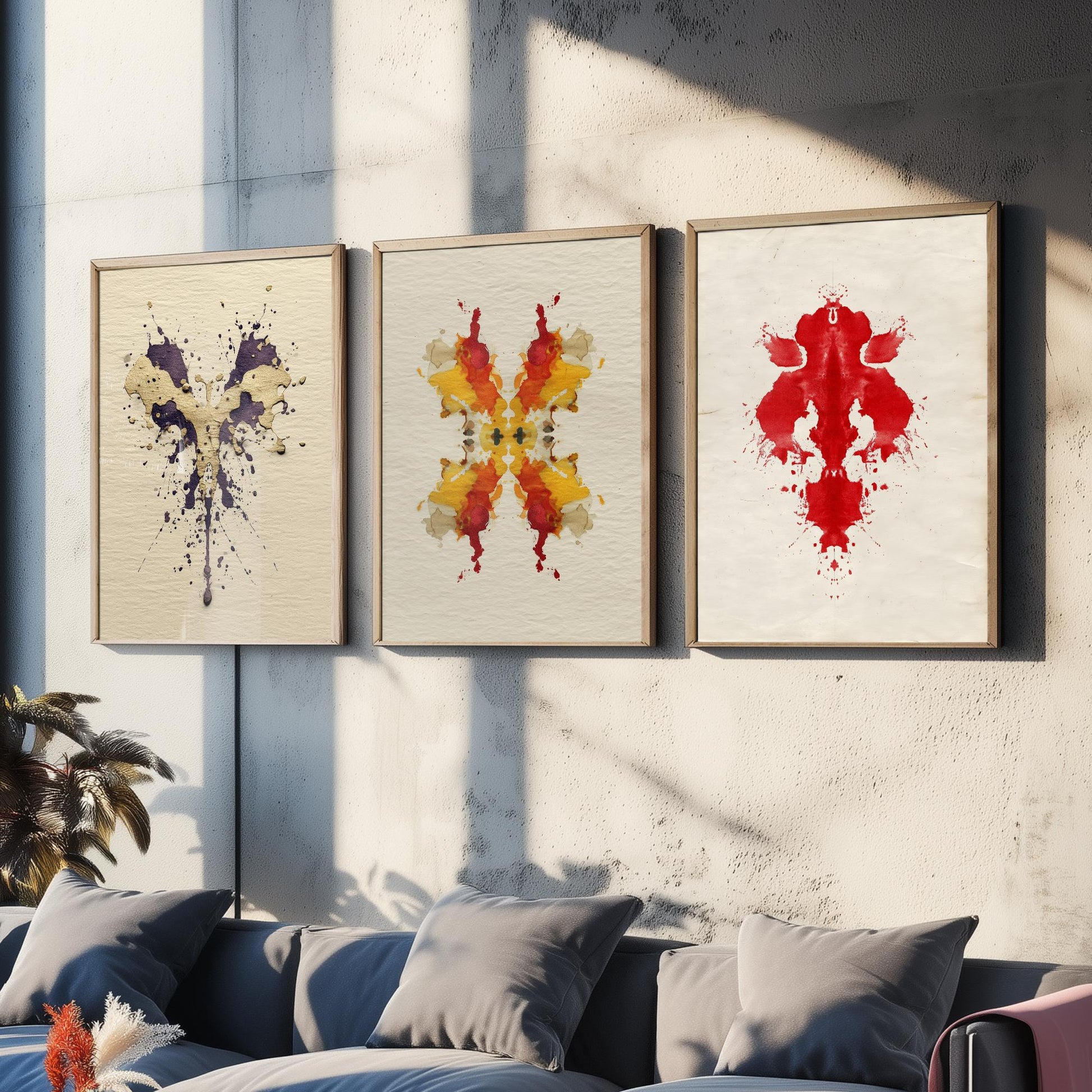 Rorschach Yellow Burst Set of Three Art Prints - 3 Bold Inkblot Posters - Illustration Psychology Student Maximalist Wall Decor