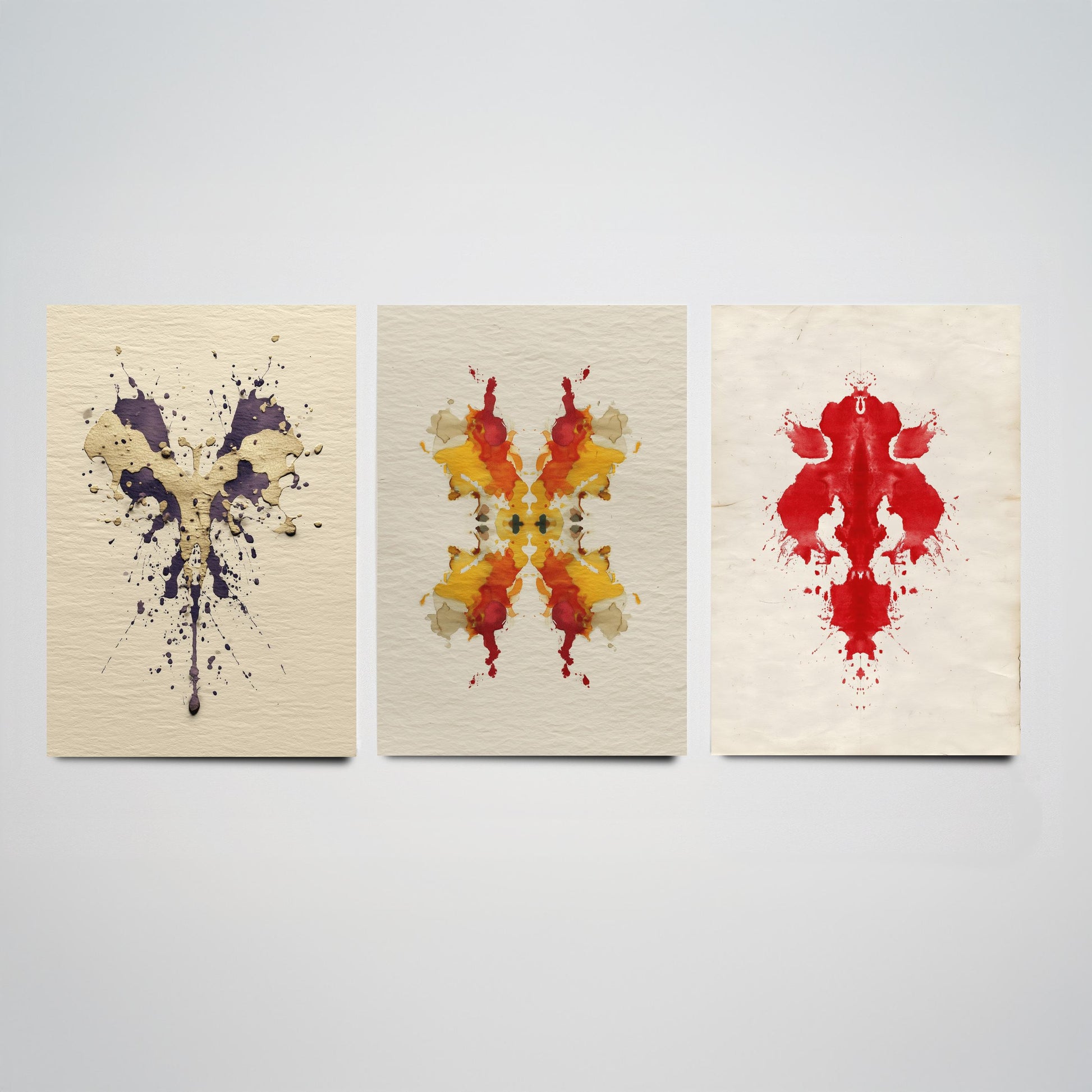 Rorschach Yellow Burst Set of Three Art Prints - 3 Bold Inkblot Posters - Illustration Psychology Student Maximalist Wall Decor