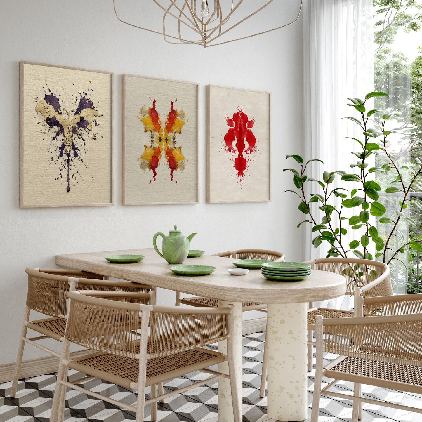 Rorschach Yellow Burst Set of Three Art Prints - 3 Bold Inkblot Posters - Illustration Psychology Student Maximalist Wall Decor