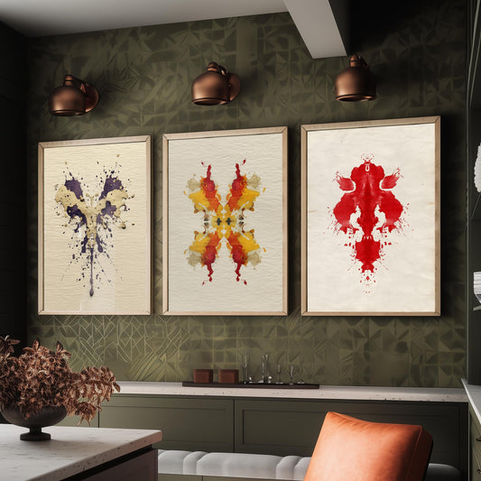 Rorschach Yellow Burst Set of Three Art Prints - 3 Bold Inkblot Posters - Illustration Psychology Student Maximalist Wall Decor