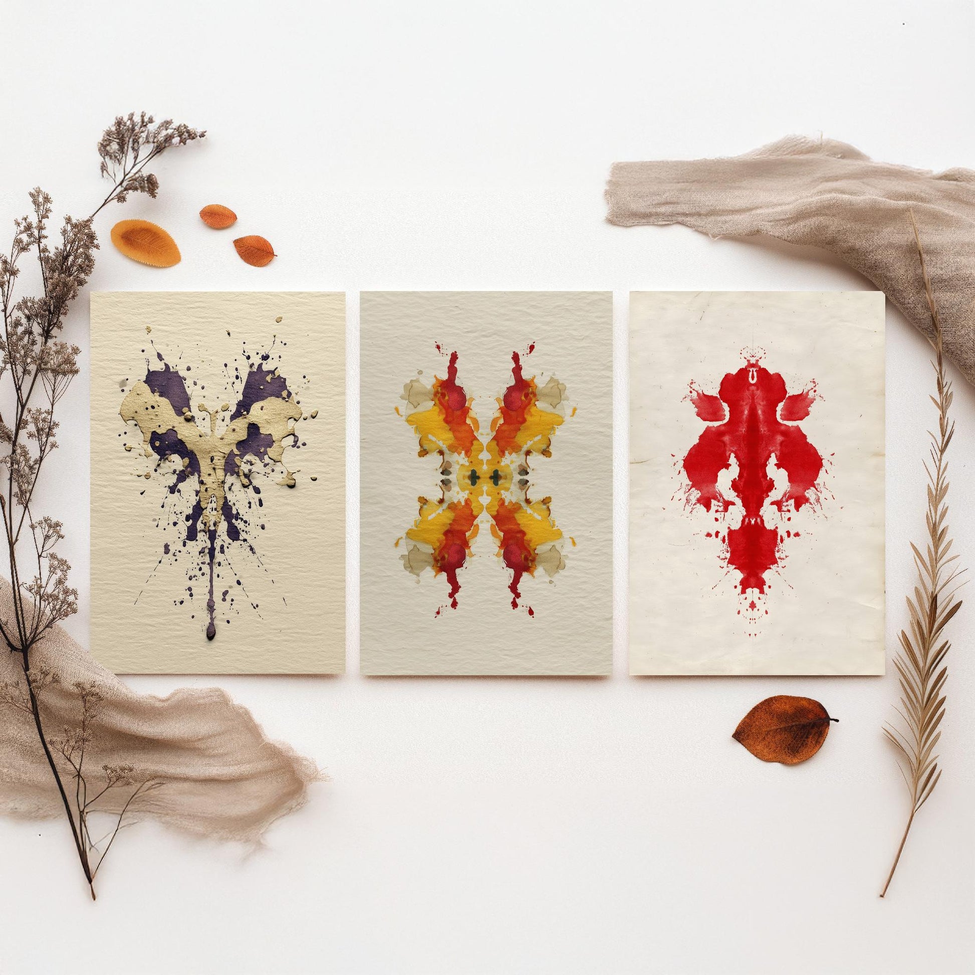 Rorschach Yellow Burst Set of Three Art Prints - 3 Bold Inkblot Posters - Illustration Psychology Student Maximalist Wall Decor