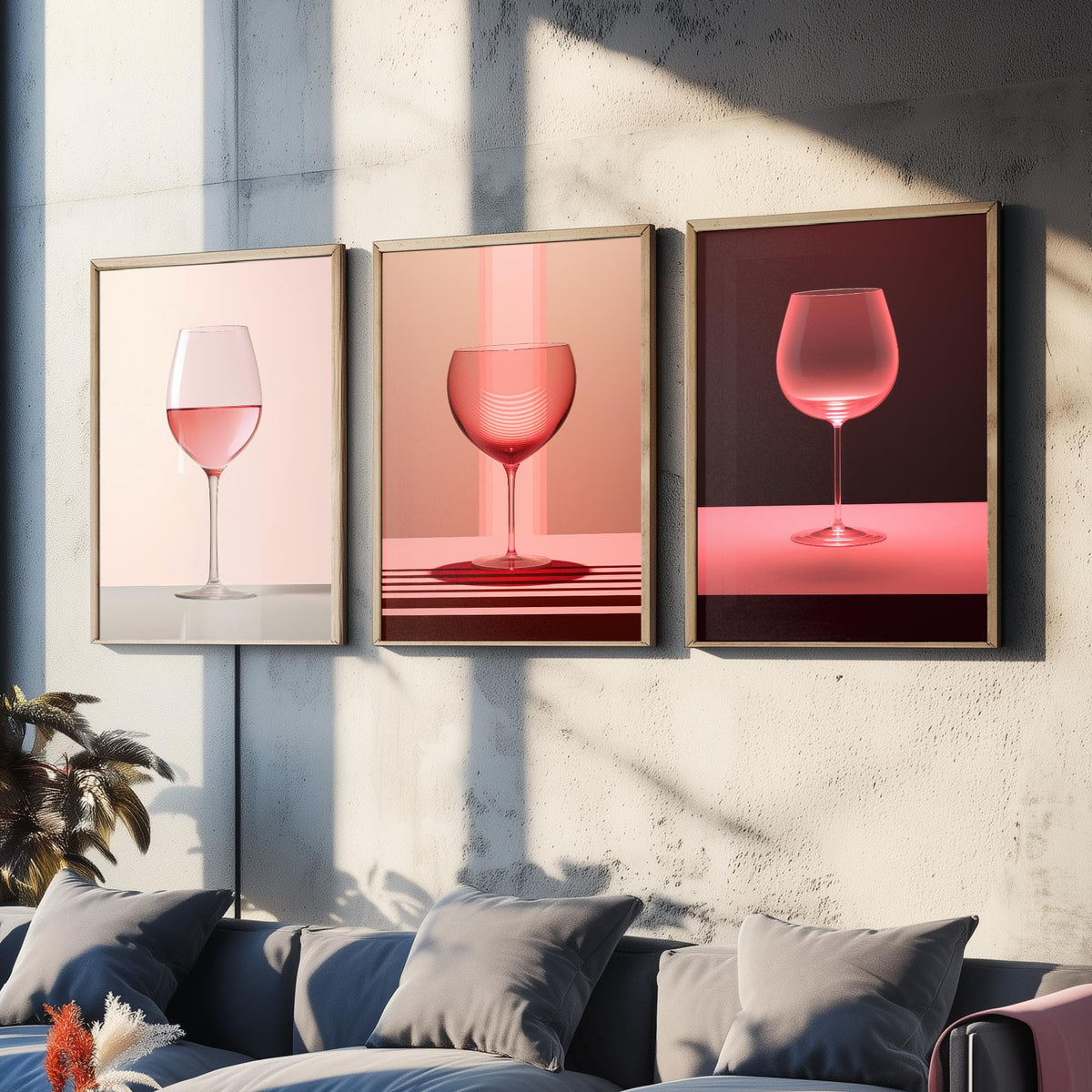 Rose Wine Glasses Set of Three Art Prints - Pink Wine in Soft Light - Minimalist Photo Poster