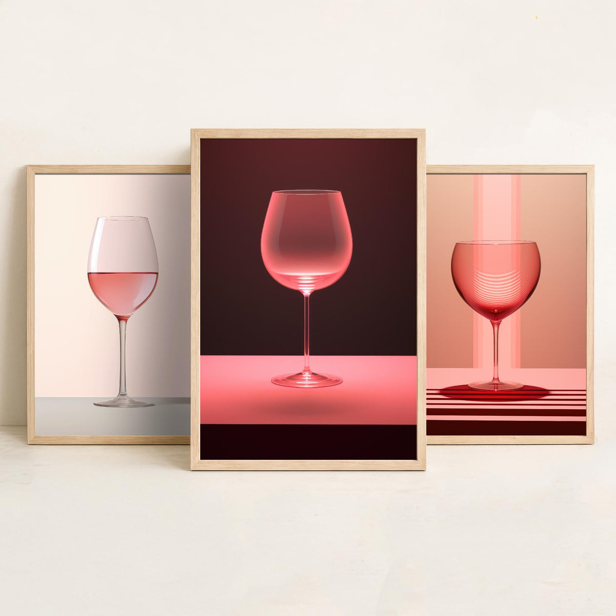 Rose Wine Glasses Set of Three Art Prints - Pink Wine in Soft Light - Minimalist Photo Poster