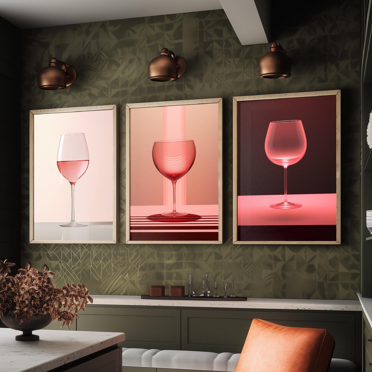 Rose Wine Glasses Set of Three Art Prints - Pink Wine in Soft Light - Minimalist Photo Poster