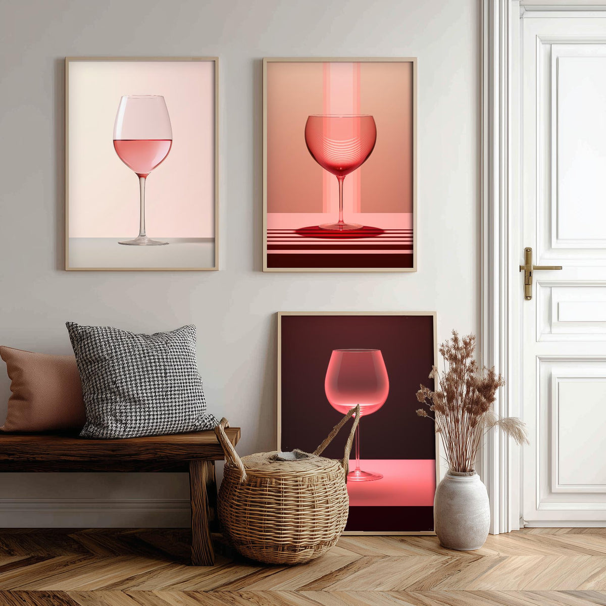 Rose Wine Glasses Set of Three Art Prints - Pink Wine in Soft Light - Minimalist Photo Poster