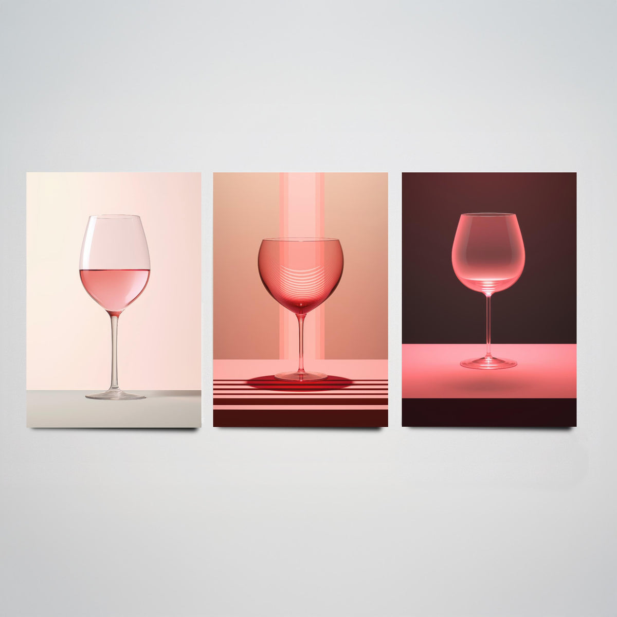 Rose Wine Glasses Set of Three Art Prints - Pink Wine in Soft Light - Minimalist Photo Poster