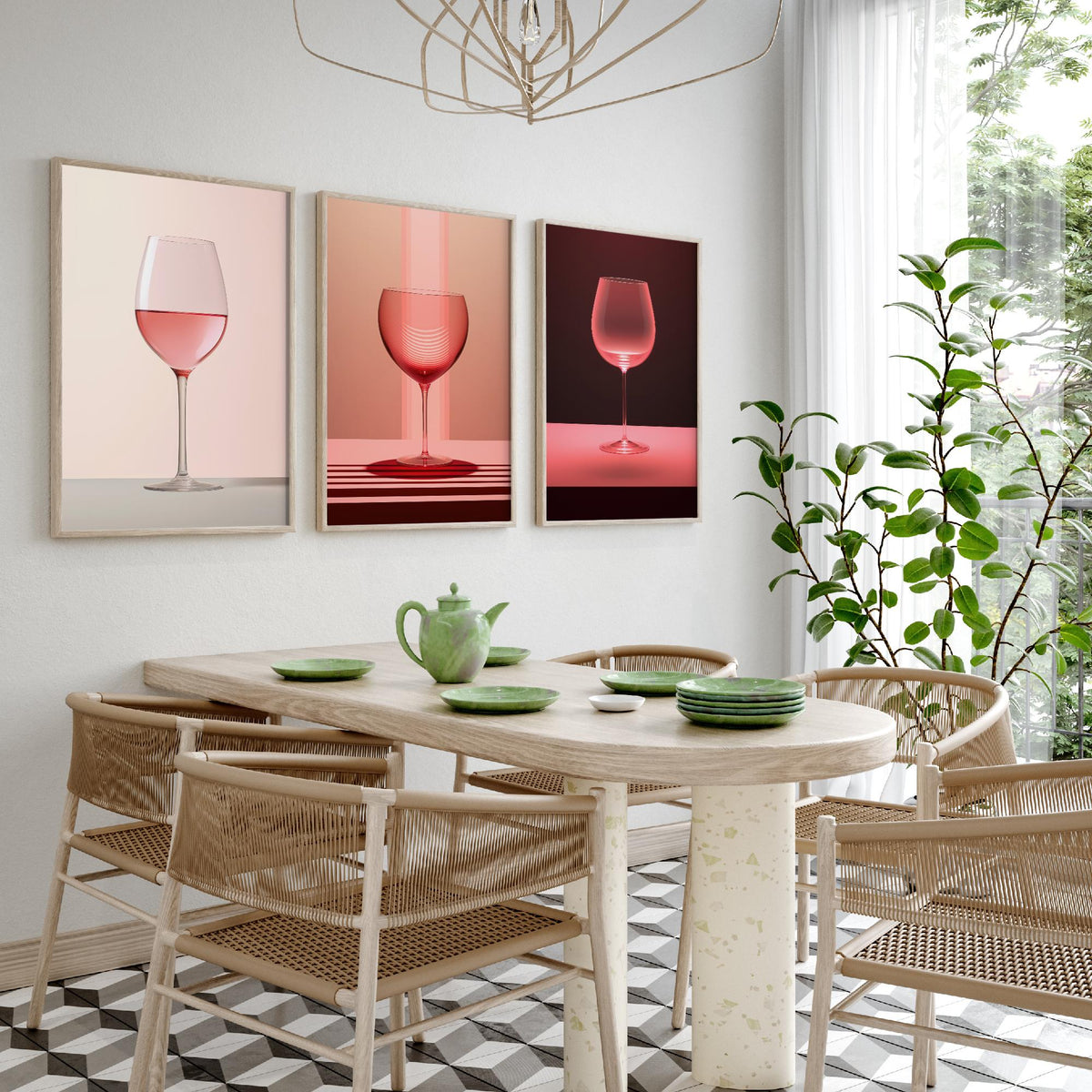 Rose Wine Glasses Set of Three Art Prints - Pink Wine in Soft Light - Minimalist Photo Poster