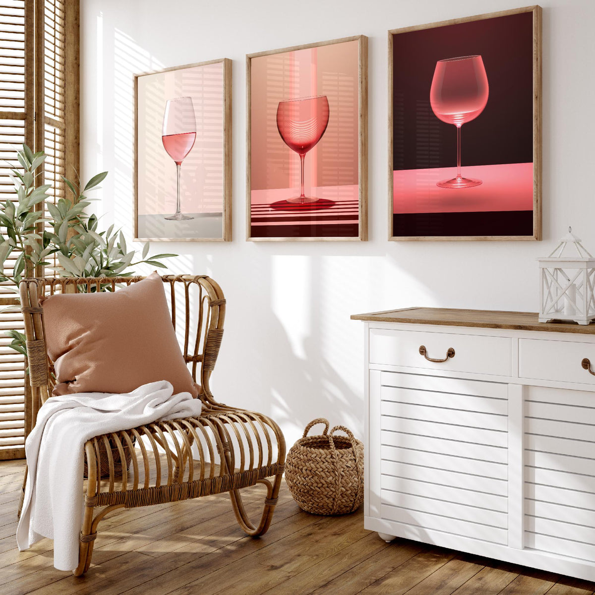 Rose Wine Glasses Set of Three Art Prints - Pink Wine in Soft Light - Minimalist Photo Poster