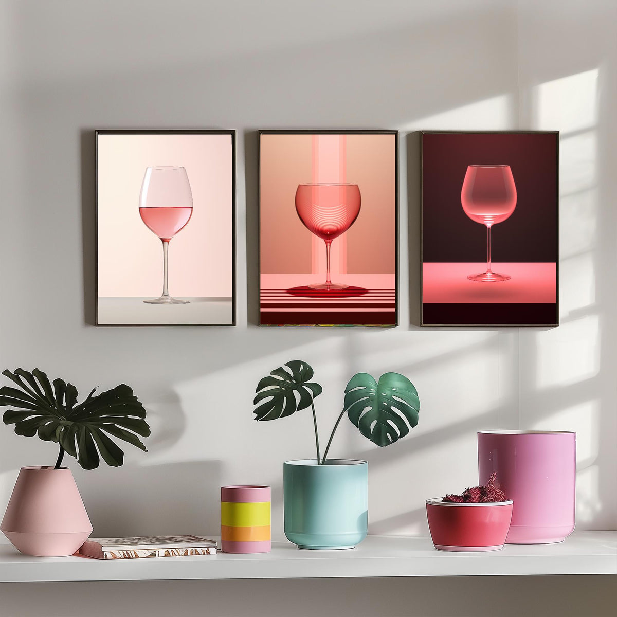 Rose Wine Glasses Set of Three Art Prints - Pink Wine in Soft Light - Minimalist Photo Poster