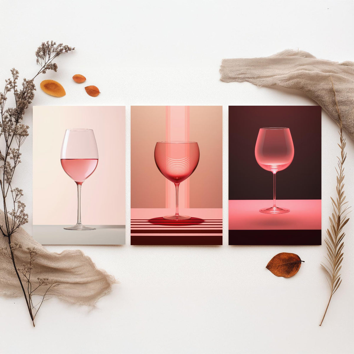 Rose Wine Glasses Set of Three Art Prints - Pink Wine in Soft Light - Minimalist Photo Poster