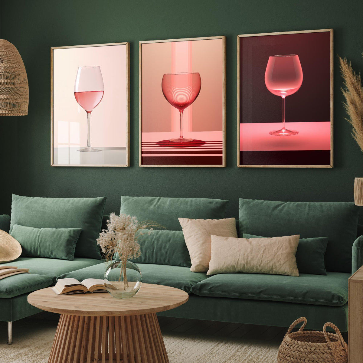Rose Wine Glasses Set of Three Art Prints - Pink Wine in Soft Light - Minimalist Photo Poster