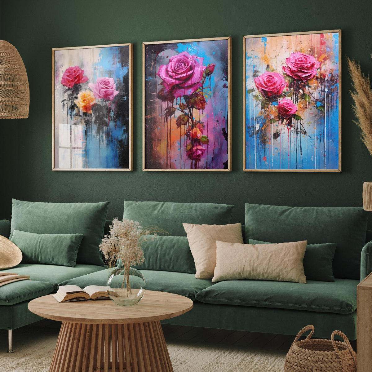 Roses Set of Three Art Prints - Pink and Magenta Roses on Blue - Abstract Floral Painting Poster