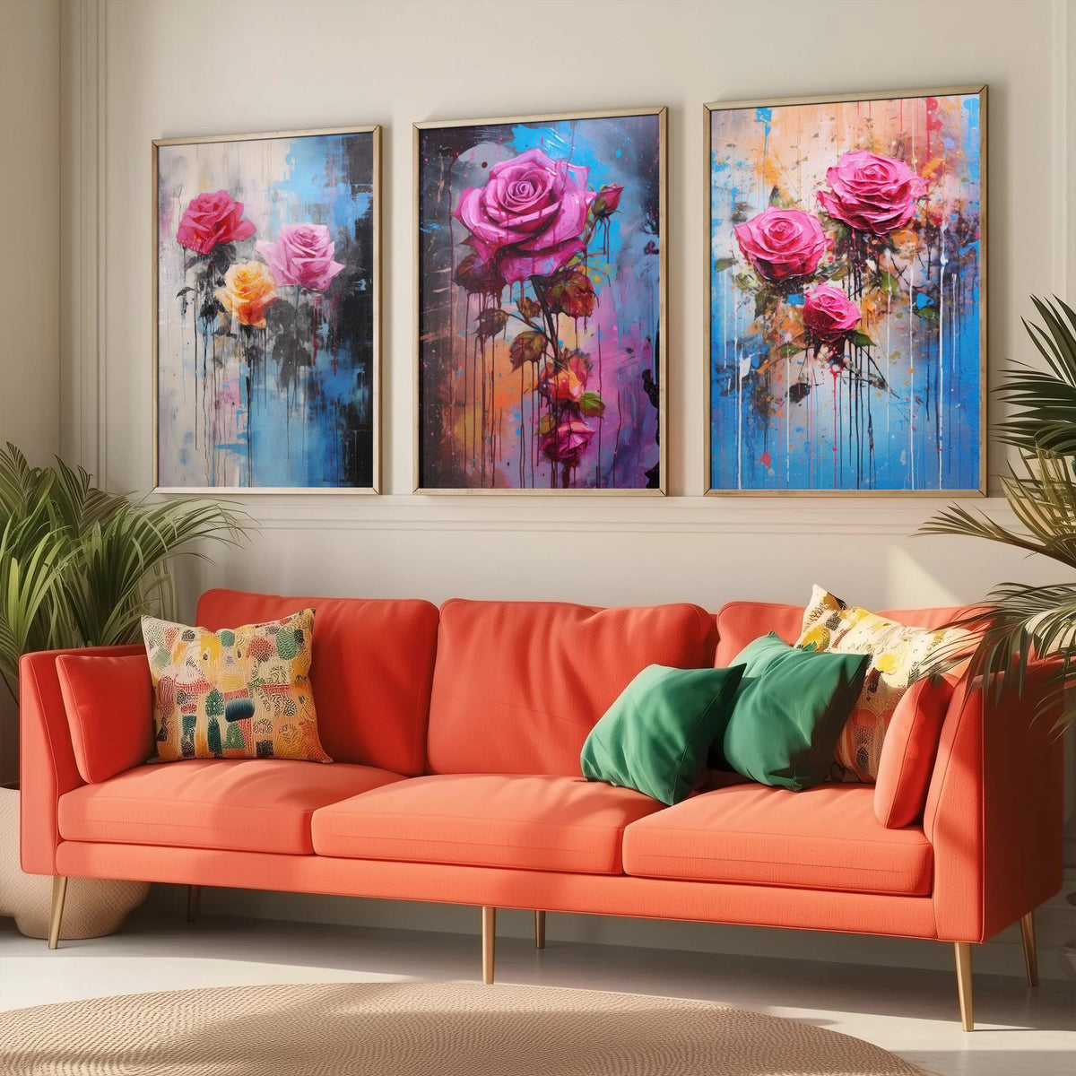 Roses Set of Three Art Prints - Pink and Magenta Roses on Blue - Abstract Floral Painting Poster