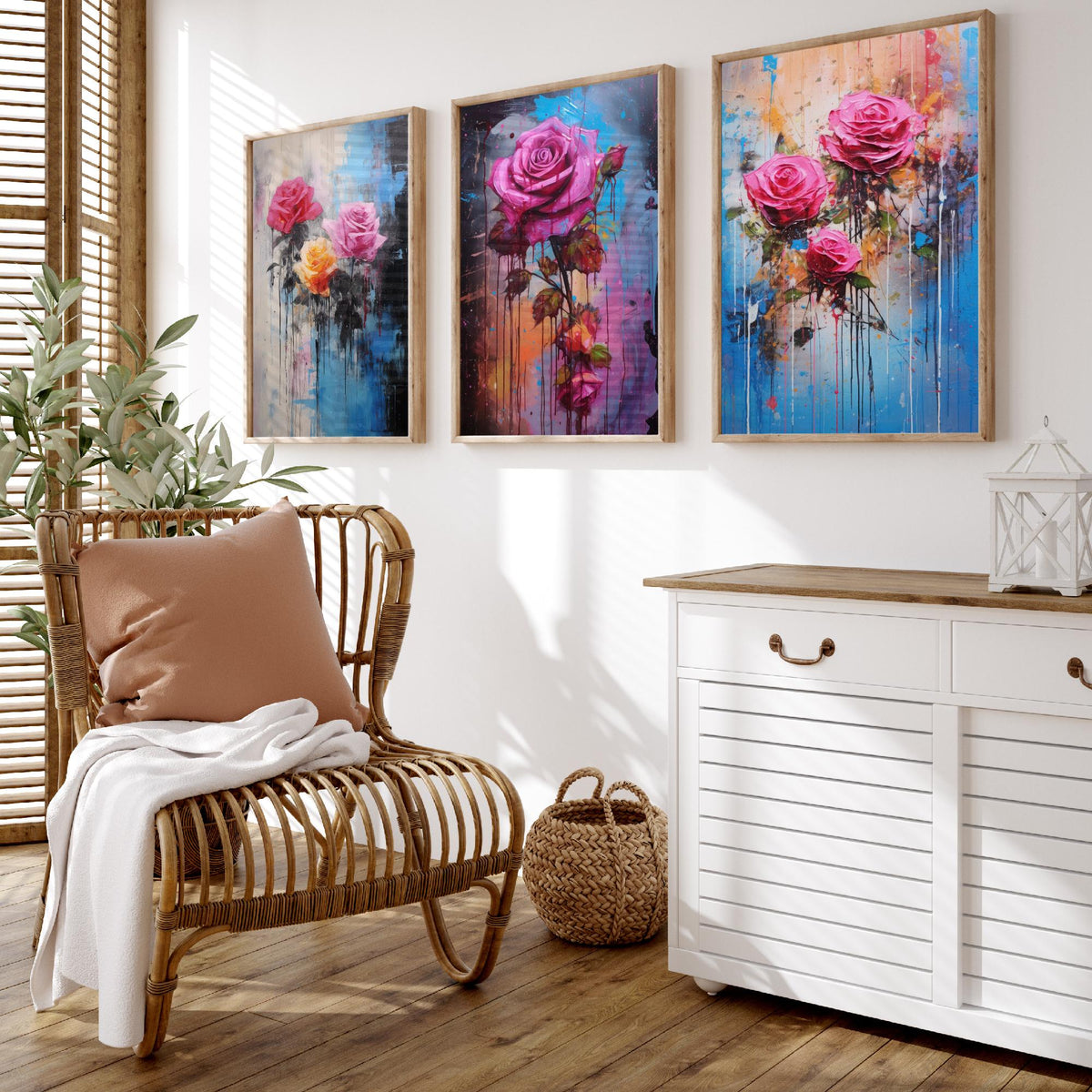 Roses Set of Three Art Prints - Pink and Magenta Roses on Blue - Abstract Floral Painting Poster