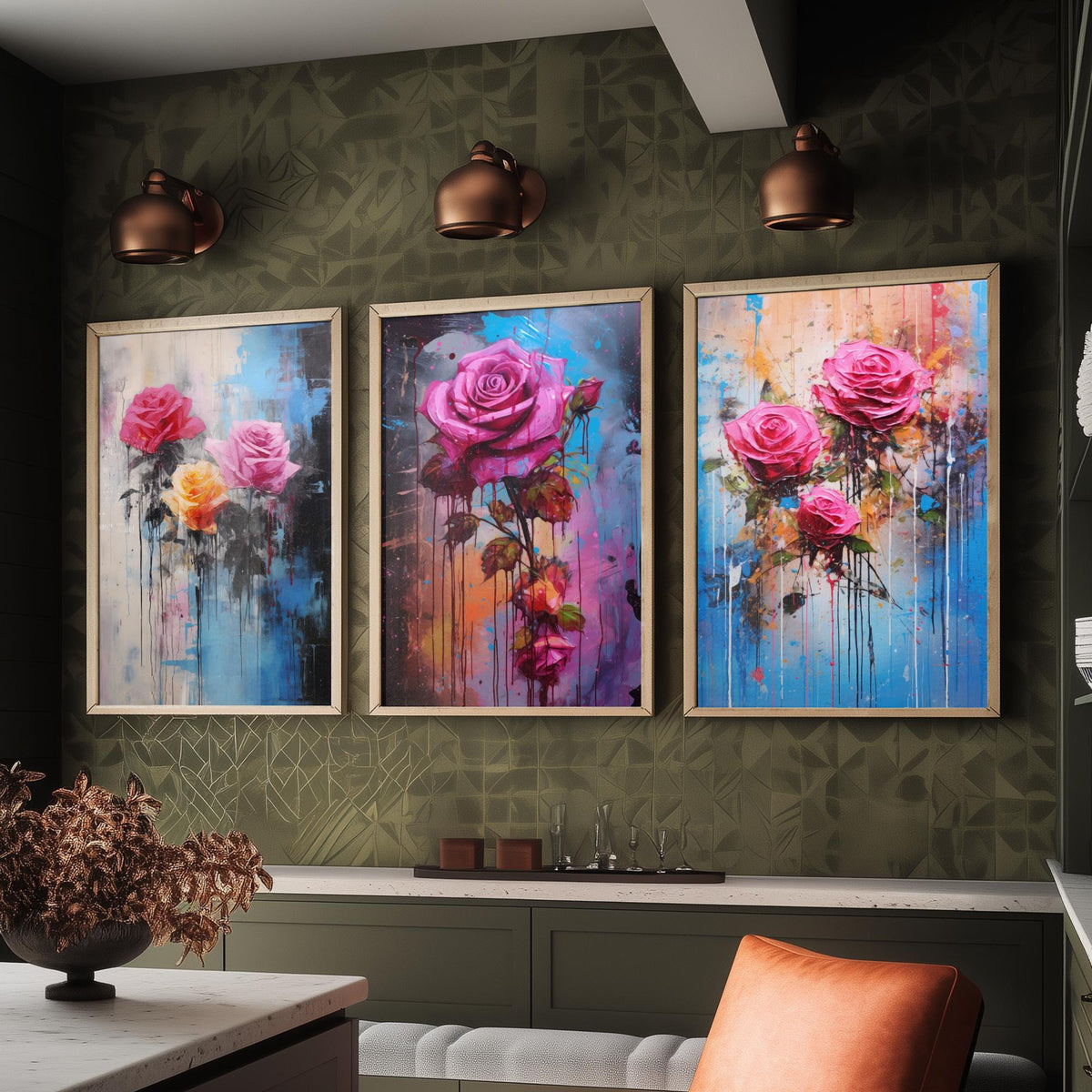 Roses Set of Three Art Prints - Pink and Magenta Roses on Blue - Abstract Floral Painting Poster
