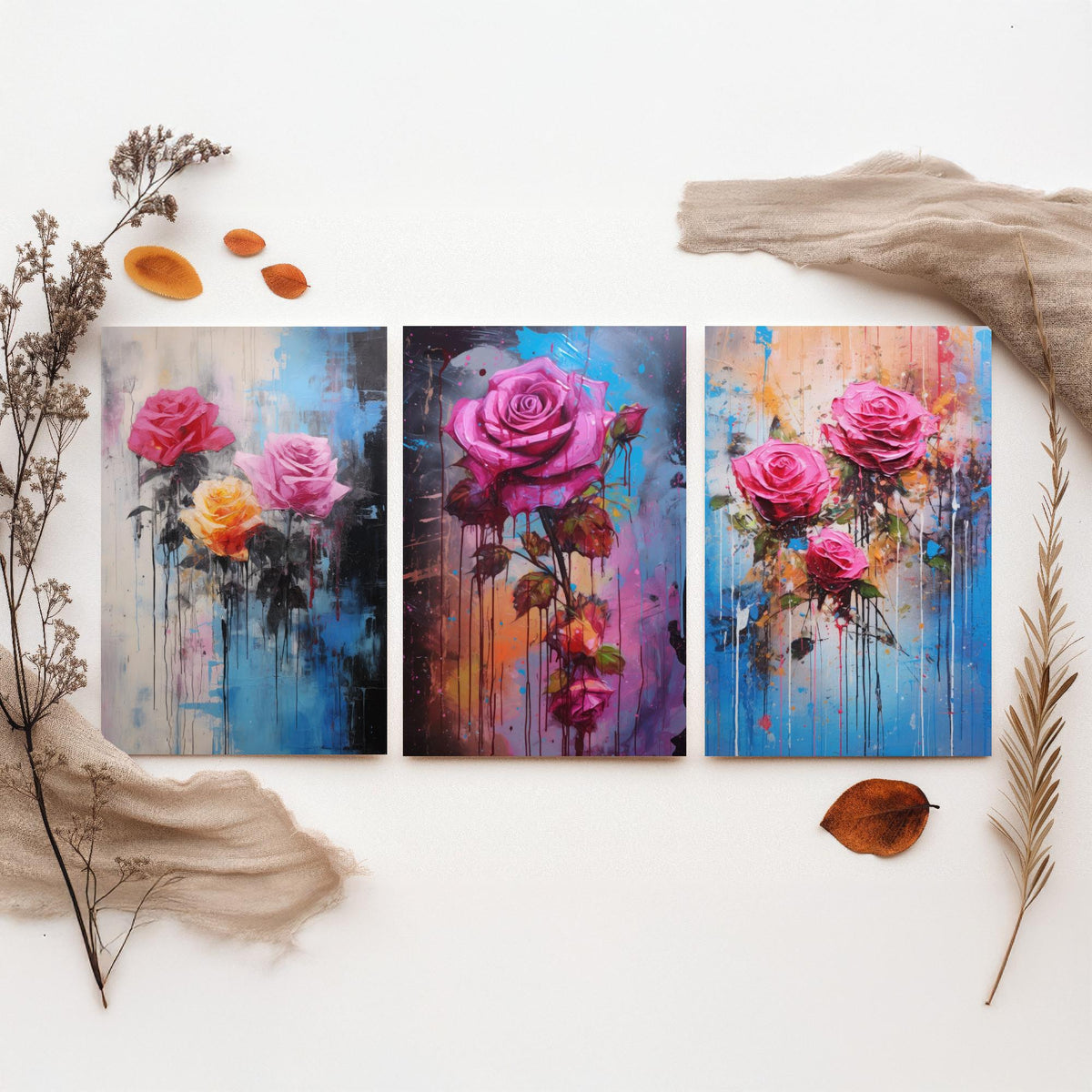 Roses Set of Three Art Prints - Pink and Magenta Roses on Blue - Abstract Floral Painting Poster