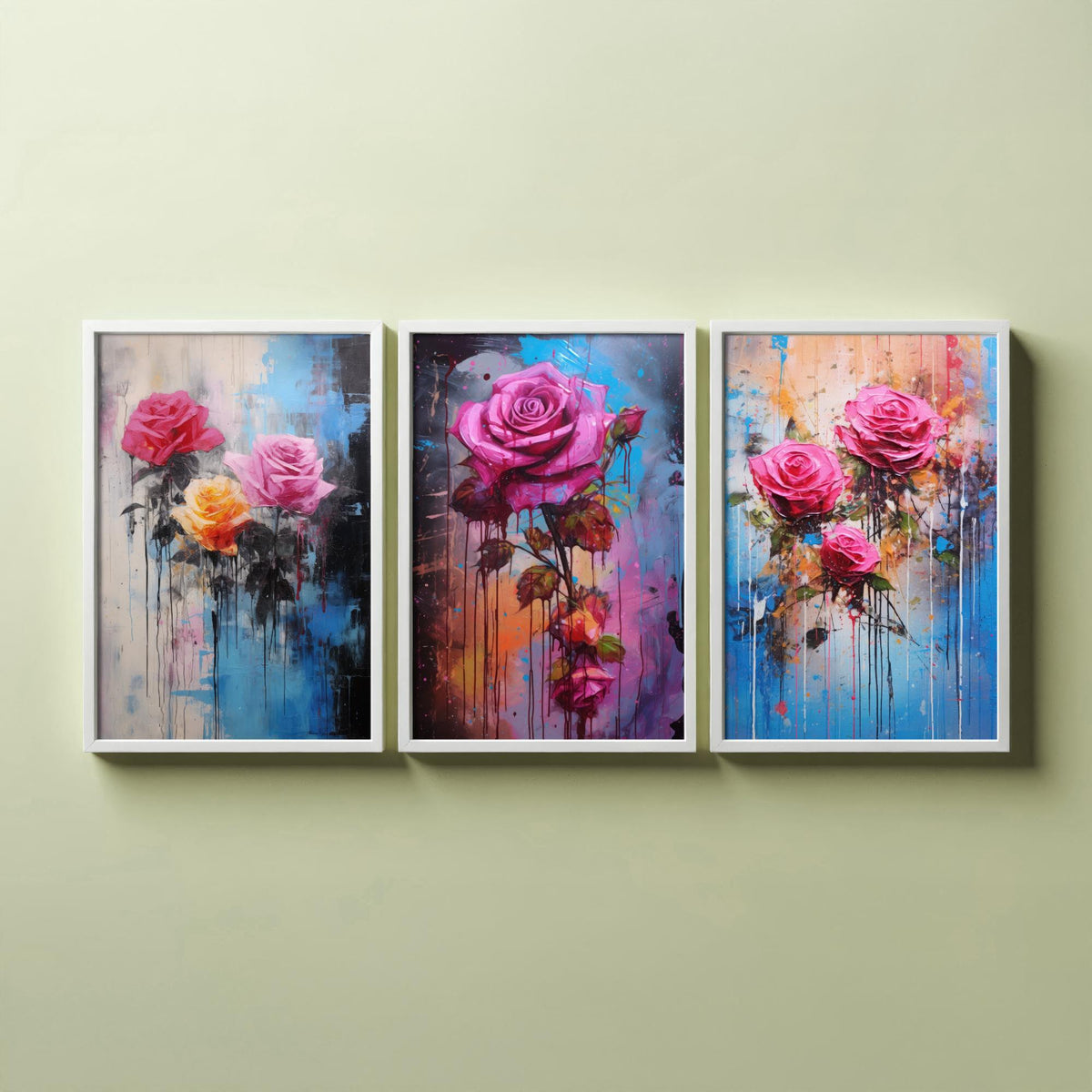 Roses Set of Three Art Prints - Pink and Magenta Roses on Blue - Abstract Floral Painting Poster