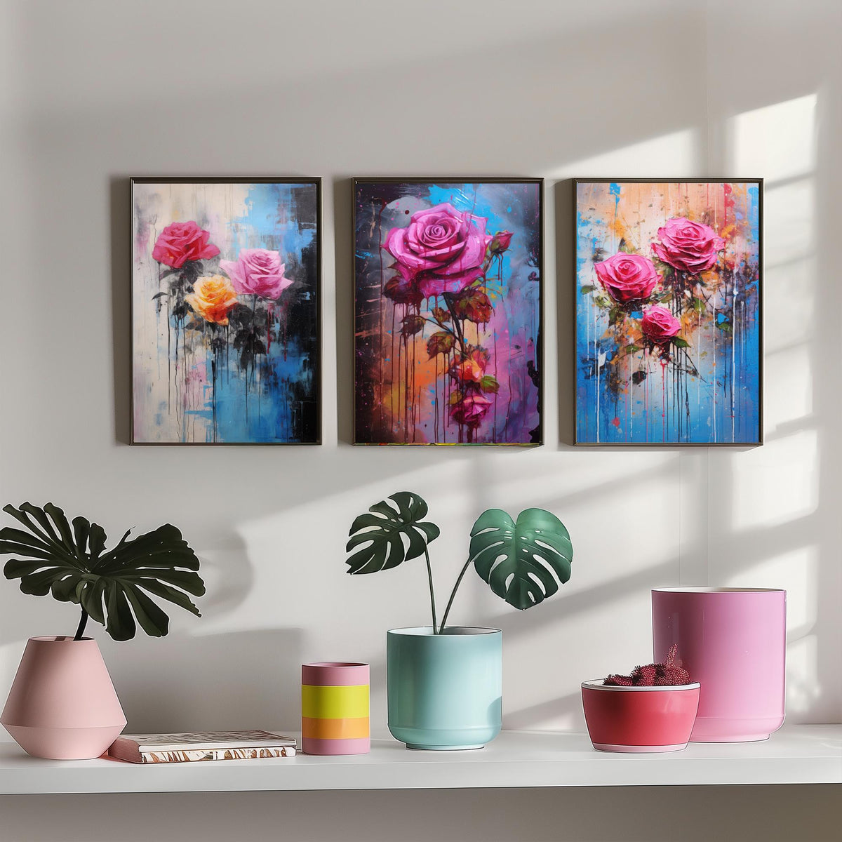 Roses Set of Three Art Prints - Pink and Magenta Roses on Blue - Abstract Floral Painting Poster