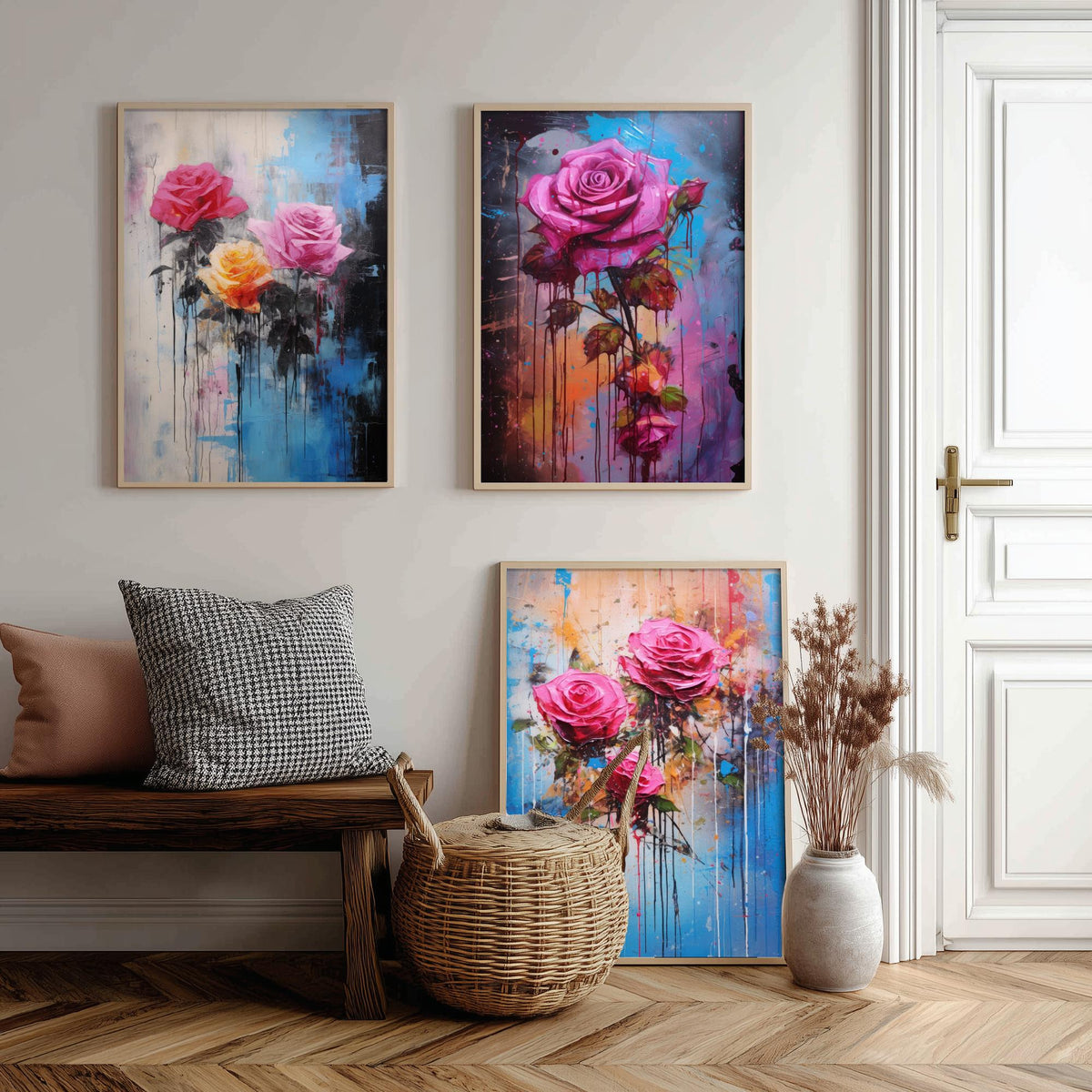 Roses Set of Three Art Prints - Pink and Magenta Roses on Blue - Abstract Floral Painting Poster