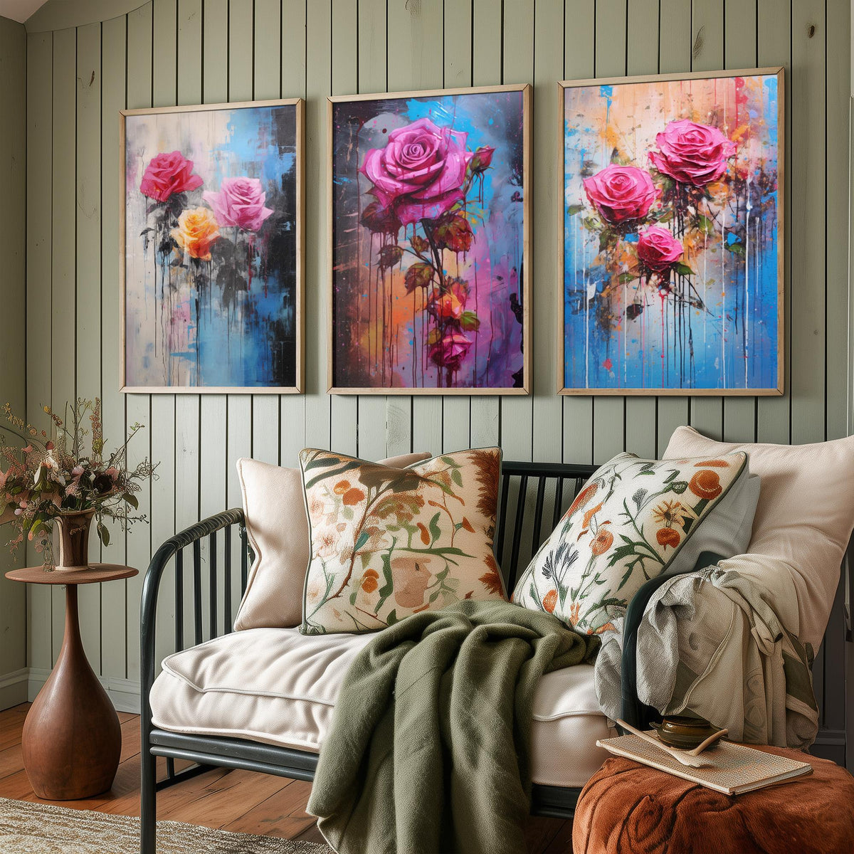Roses Set of Three Art Prints - Pink and Magenta Roses on Blue - Abstract Floral Painting Poster