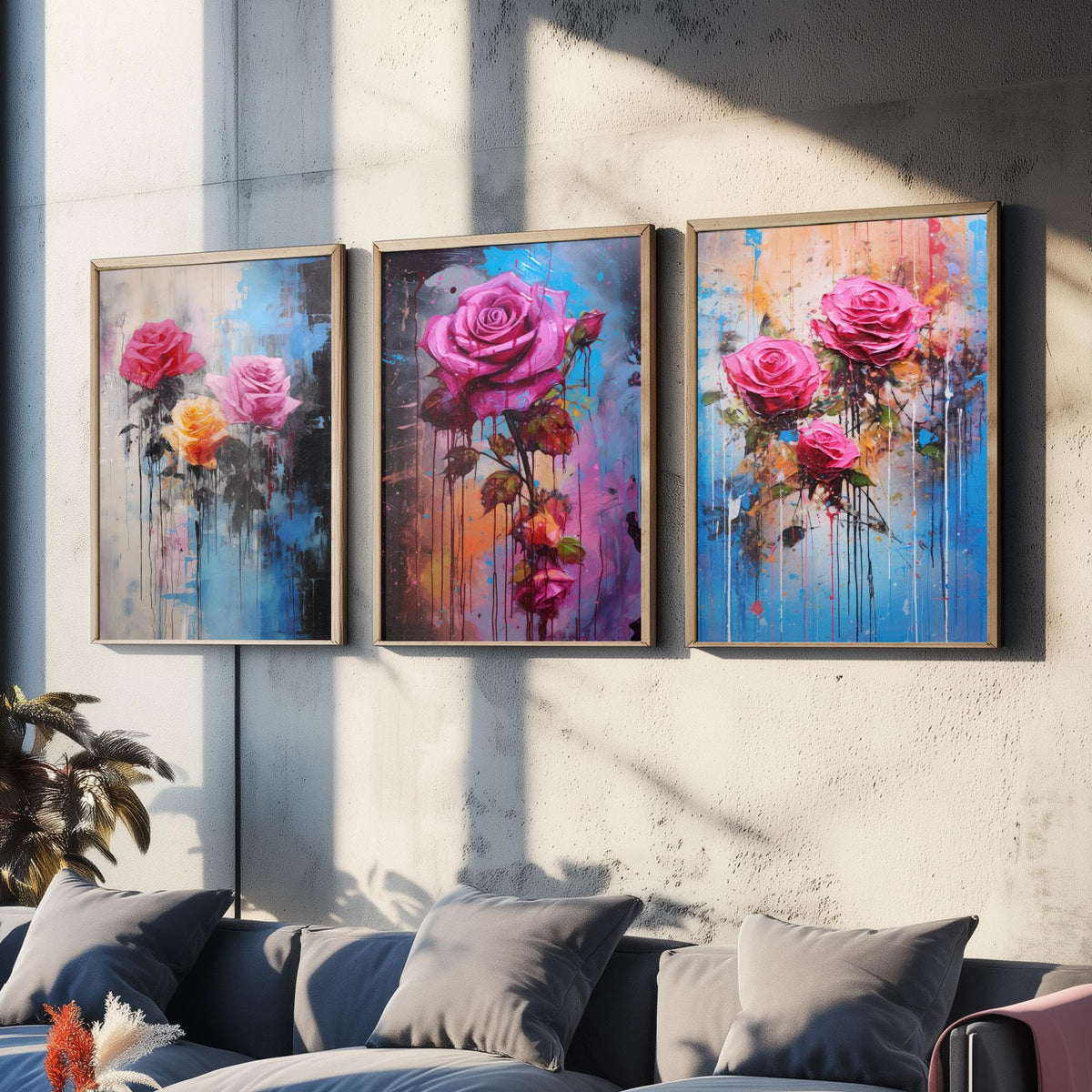 Roses Set of Three Art Prints - Pink and Magenta Roses on Blue - Abstract Floral Painting Poster