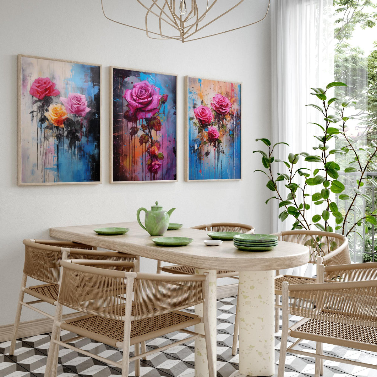 Roses Set of Three Art Prints - Pink and Magenta Roses on Blue - Abstract Floral Painting Poster