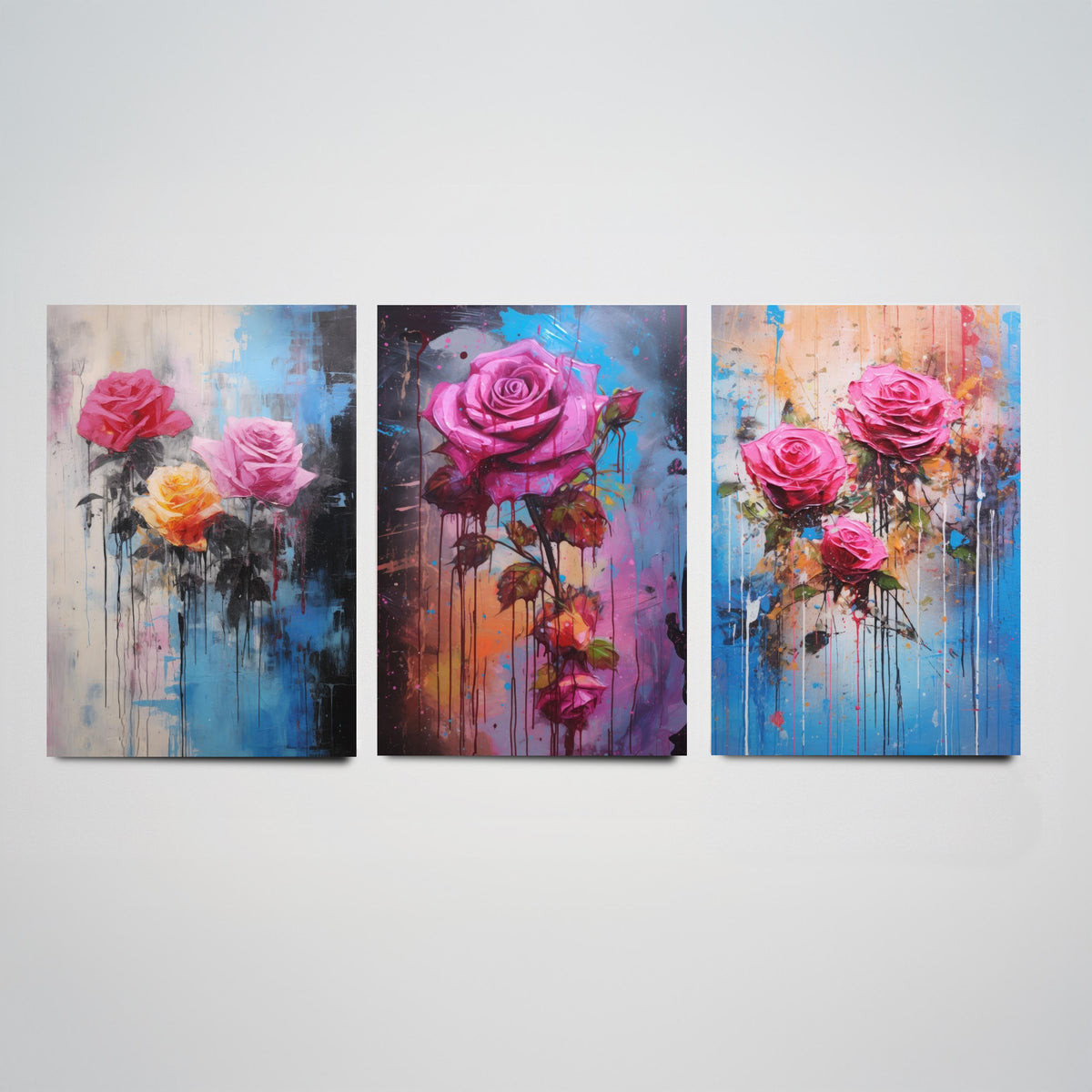 Roses Set of Three Art Prints - Pink and Magenta Roses on Blue - Abstract Floral Painting Poster