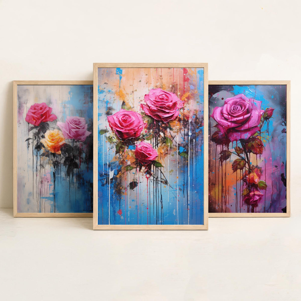 Roses Set of Three Art Prints - Pink and Magenta Roses on Blue - Abstract Floral Painting Poster